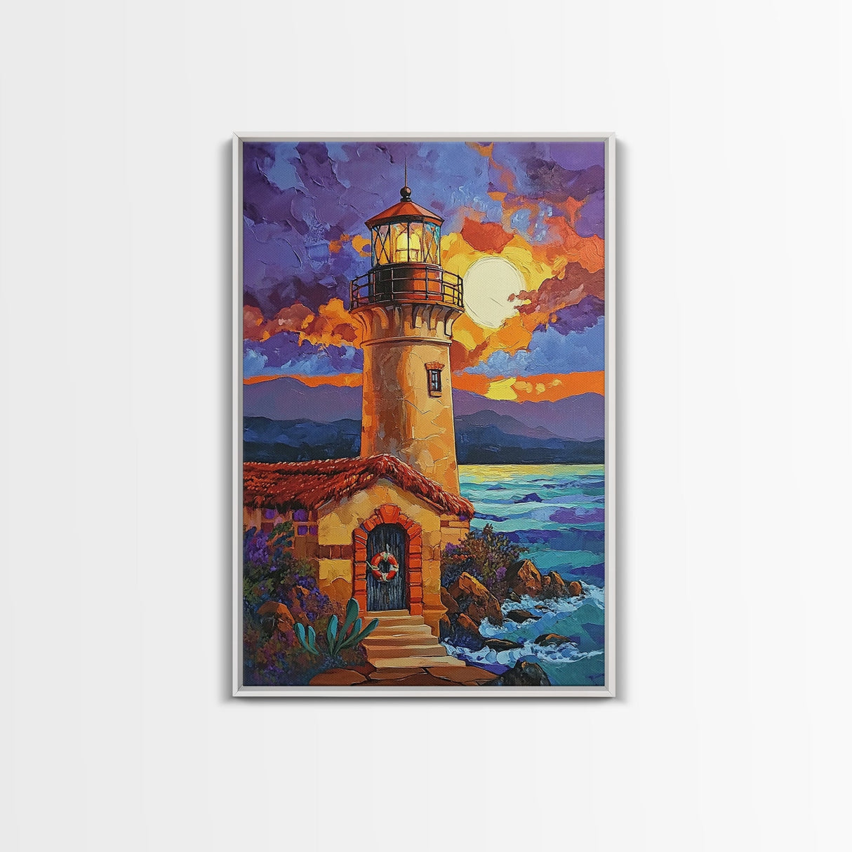 Moonlit Lighthouse, Rustic, Shore, Framed Canvas Print, Coastal Lighthouse Canvas, Dramatic Moon Ocean Scene, Rustic Nautical Wall Art