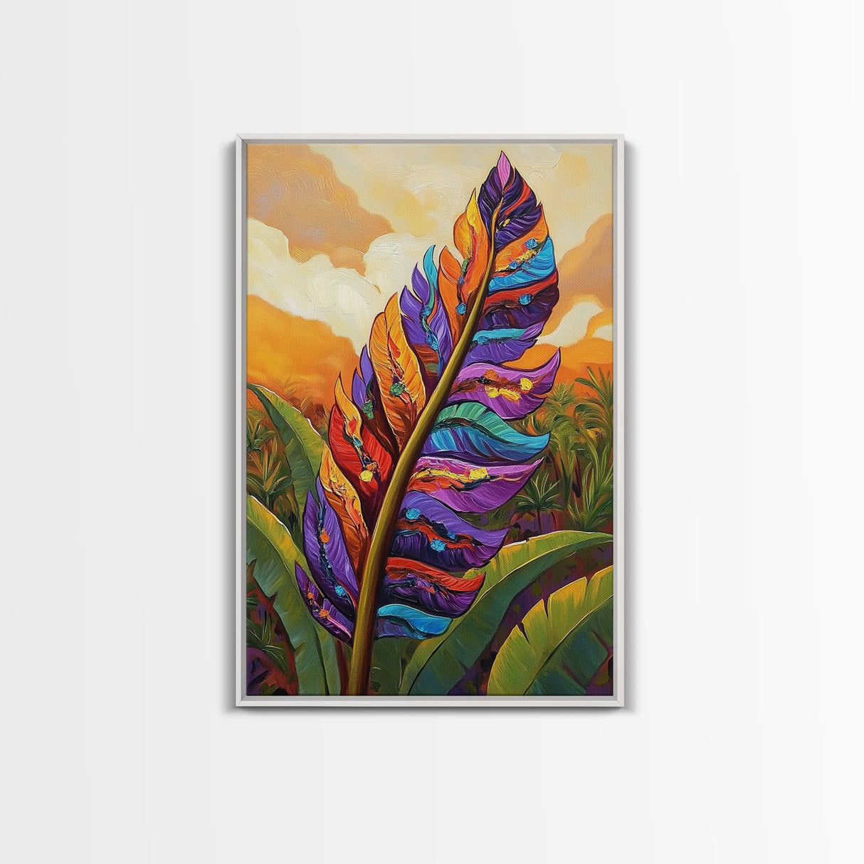 Tropical Feather, Sunset, Boho, Framed Canvas Print, Tropical Feather Wall Art, Sunset Jungle Decor, Boho Botanical Artwork, Bedroom Accent