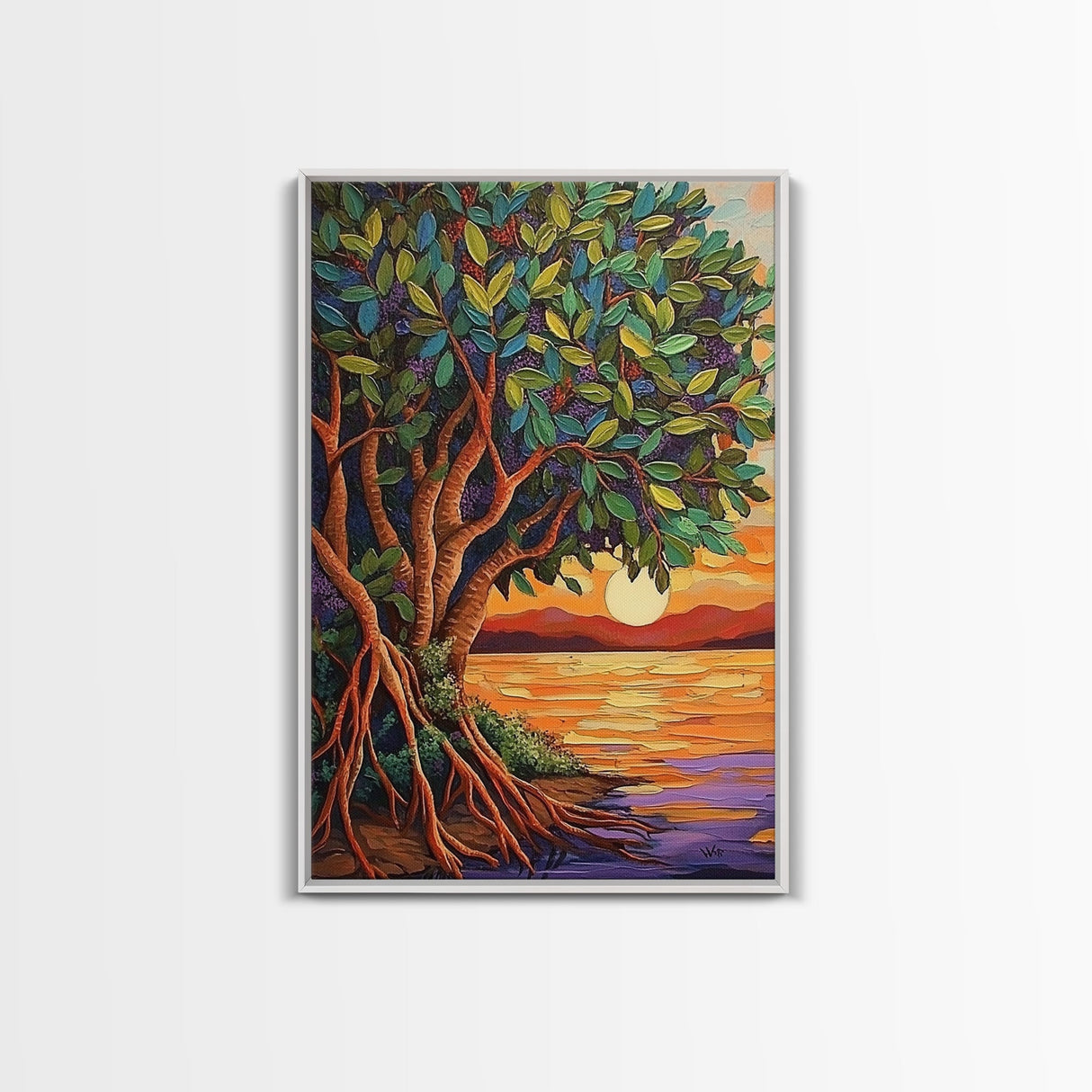 Sunset Tree, Roots, Mangrove Tree Wall Art, Spiritual Nature Decor, Zen Meditation Room Accent, Framed Canvas Print