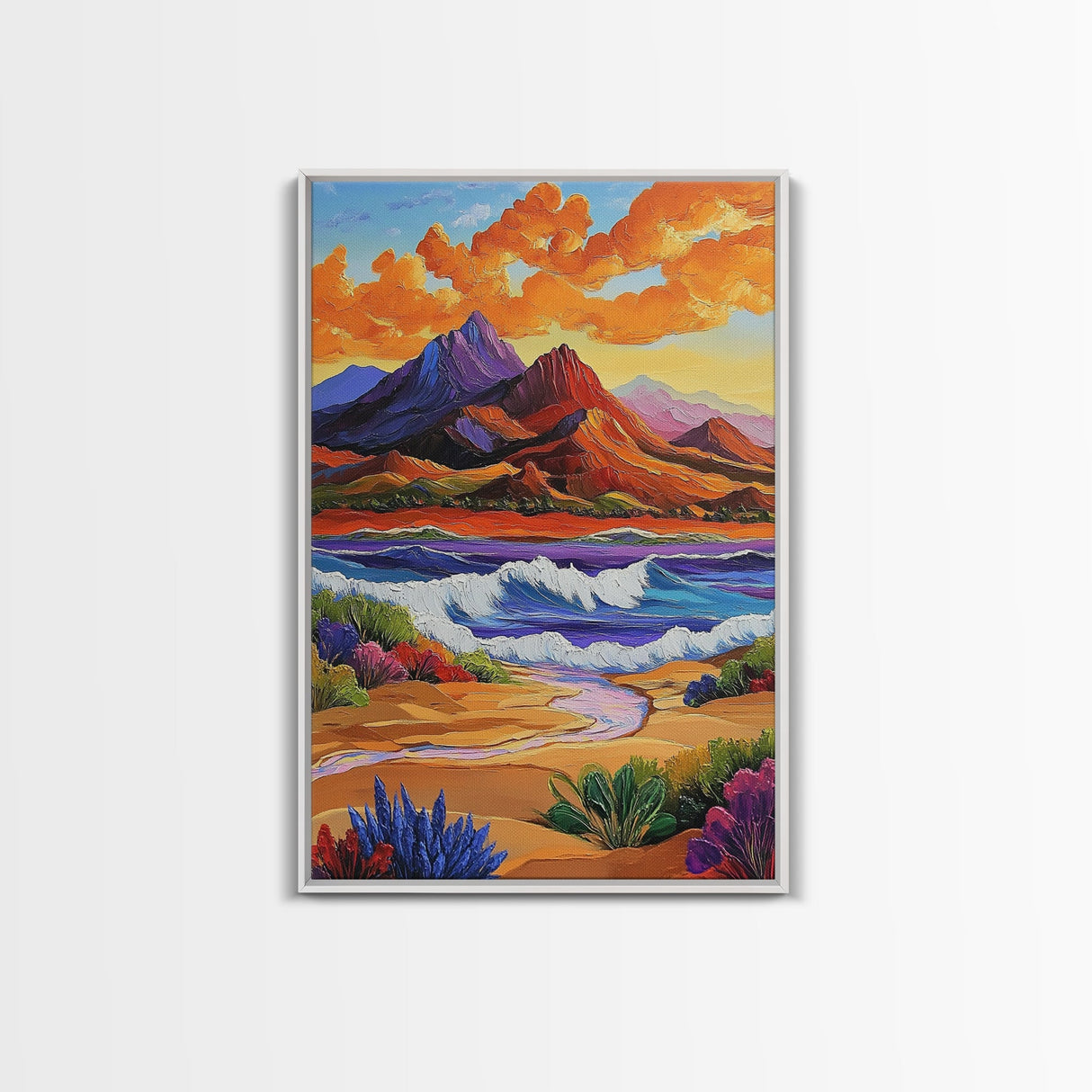 Mountain Coast, Sunset, Bold Desert Landscape Painting, Nature Adventure Art, Office Wall Decor, Framed Canvas Print