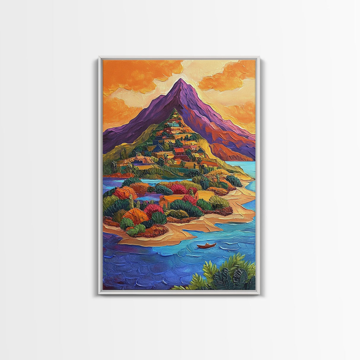 Mountain Village, Sunset, Adventure, Framed Canvas Print, Bright Landscape Wall Art, Colorful Home Decor, Eclectic Living Room Art