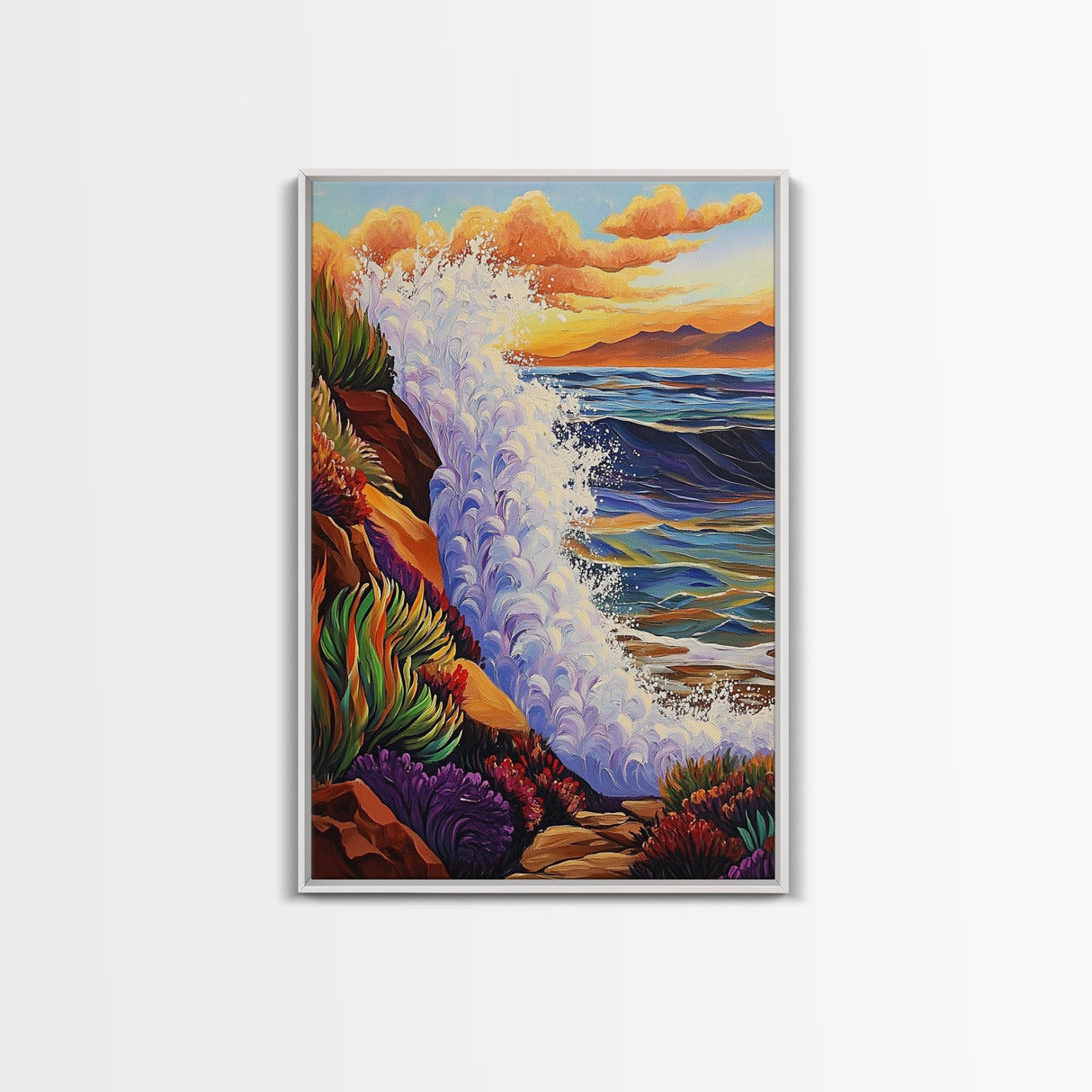Wave Splash, Cliffside, Sunset, Framed Canvas Print, Bold Ocean Wall Art, Coastal Living Room Decor, Vibrant Beach Seascape Painting