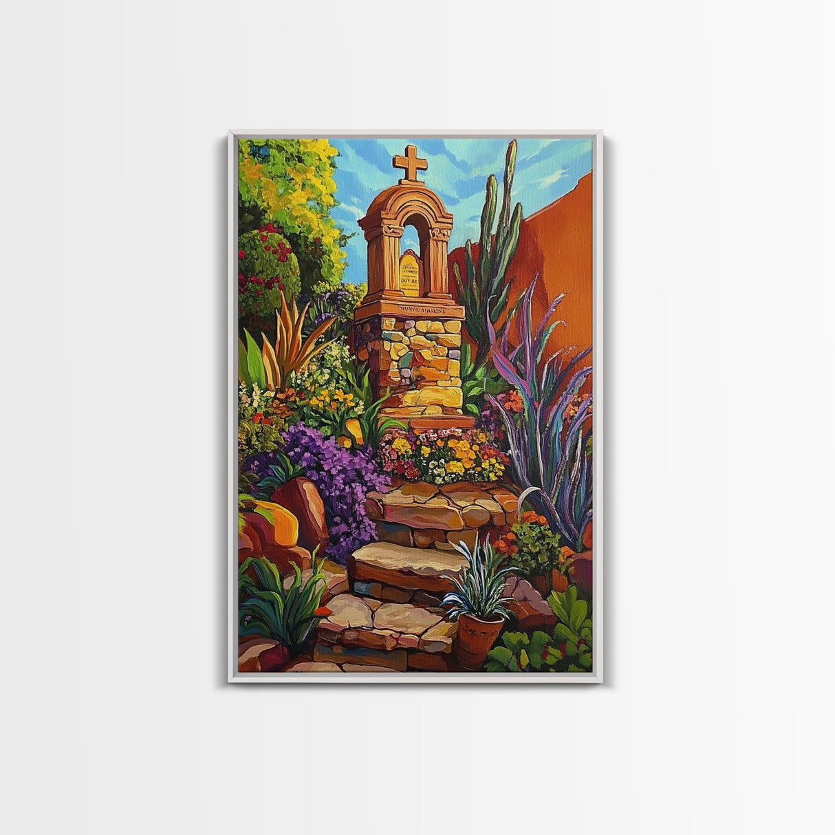 Garden Shrine, Stone Steps, Mission Style, Framed Canvas Print, colorful religious art, desert decor, boho rustic, Living Room Wall Art