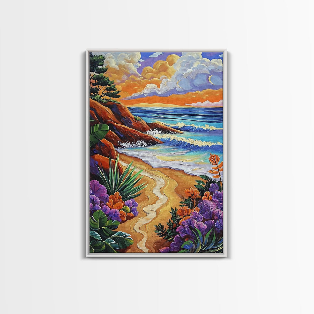 Coastal Sunset, Tropical Beach, Colorful Seascape, Ocean Art, Framed Canvas Print, Vibrant wall decor, Bathroom Wall Art, boho art