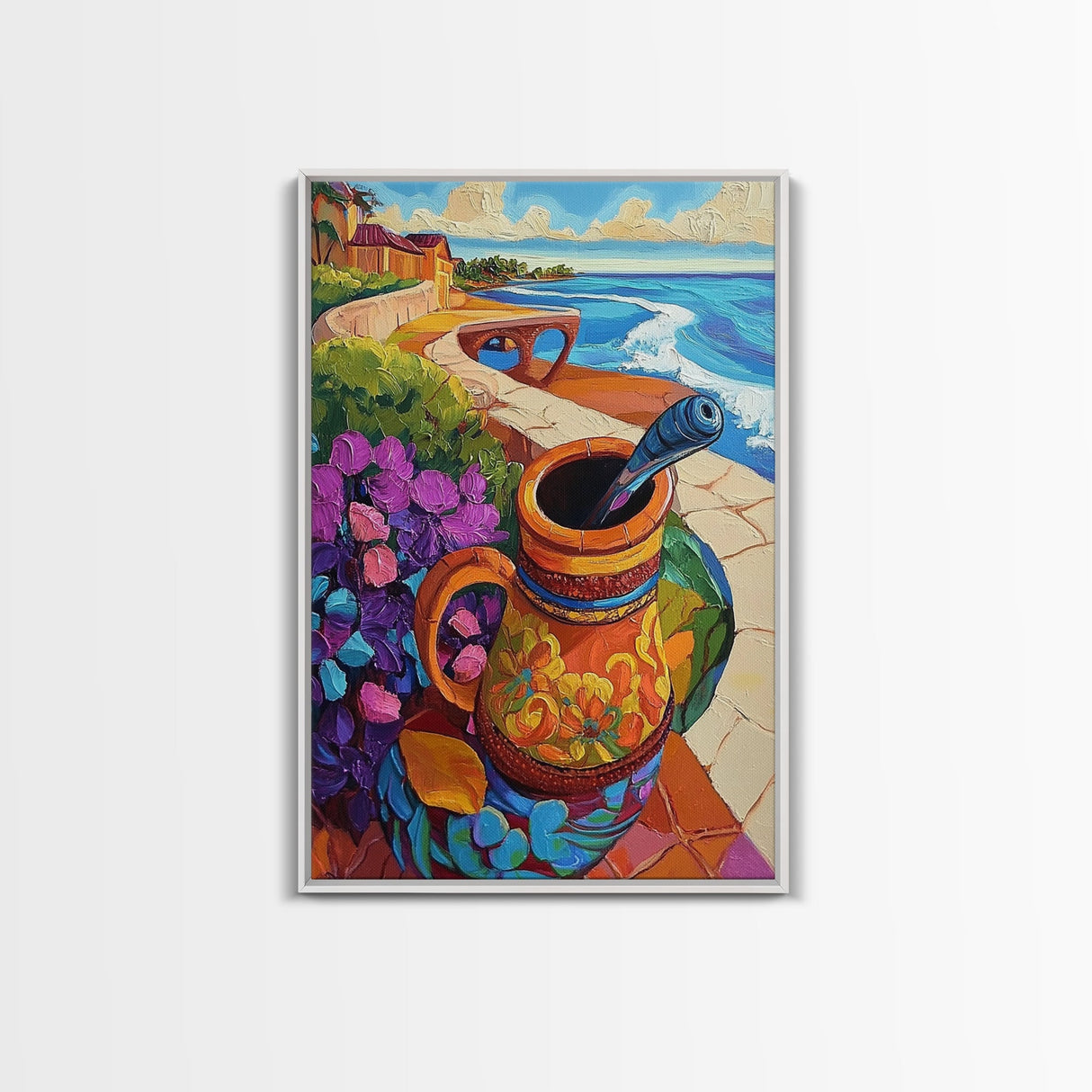 Ocean View, Rustic Charm, Colorful Pottery, Coastal Decor, Framed Canvas Print, Dining Room Wall Art, Mexican Folk Art, vibrant style