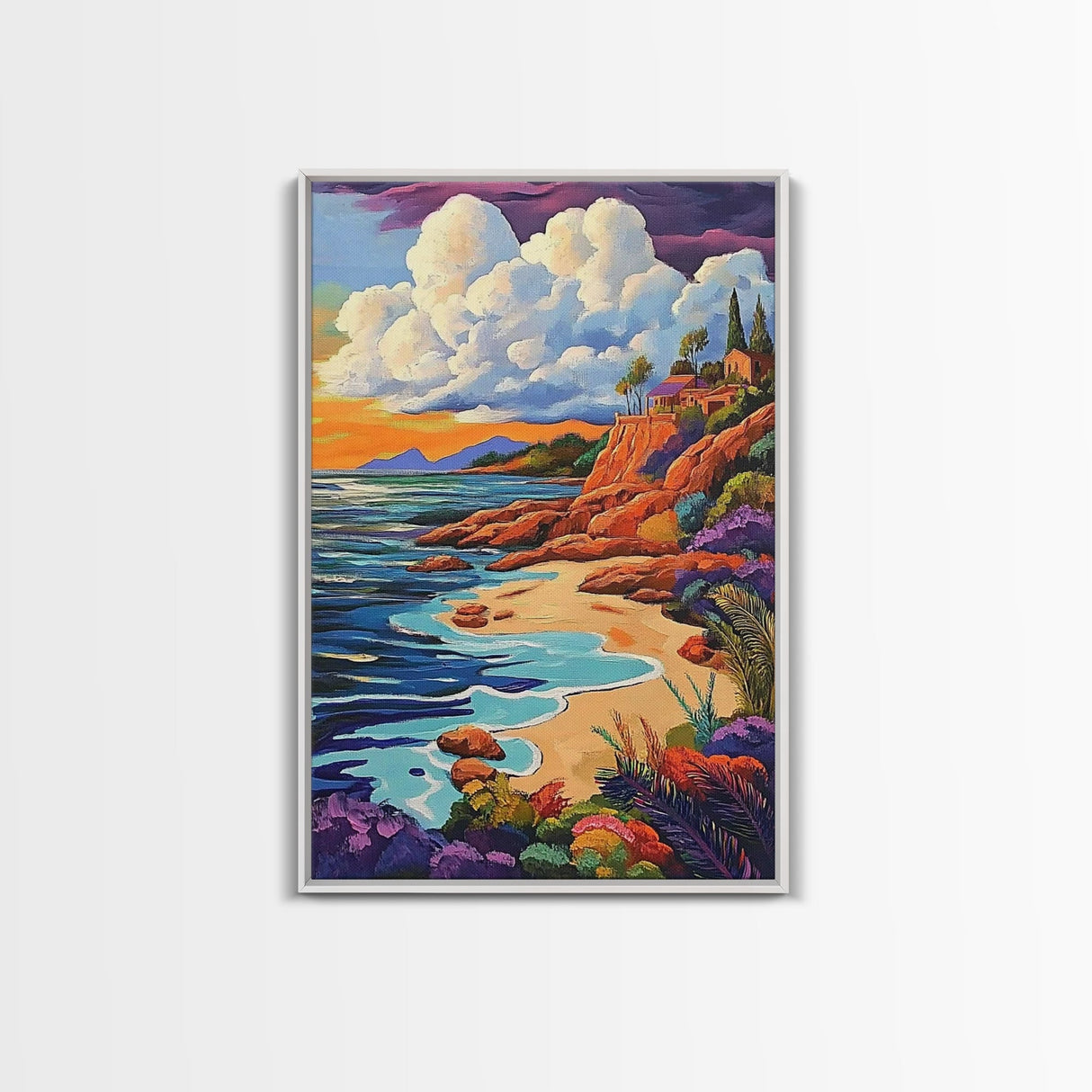 Sunset Beach, Colorful Coastline, Ocean Landscape, Canvas Print, Fall Home Decor, Living Room Wall Art, Dreamy Seaside Painting