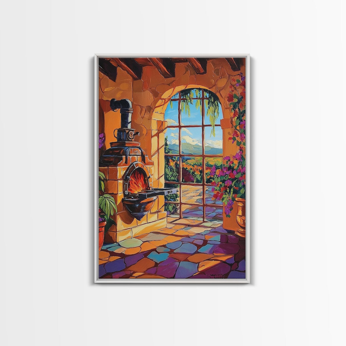 Fireplace View, Warmth, Canvas Print, Rustic Tuscany kitchen wall art, warm cozy interior, country boho style, Mediterranean home decor