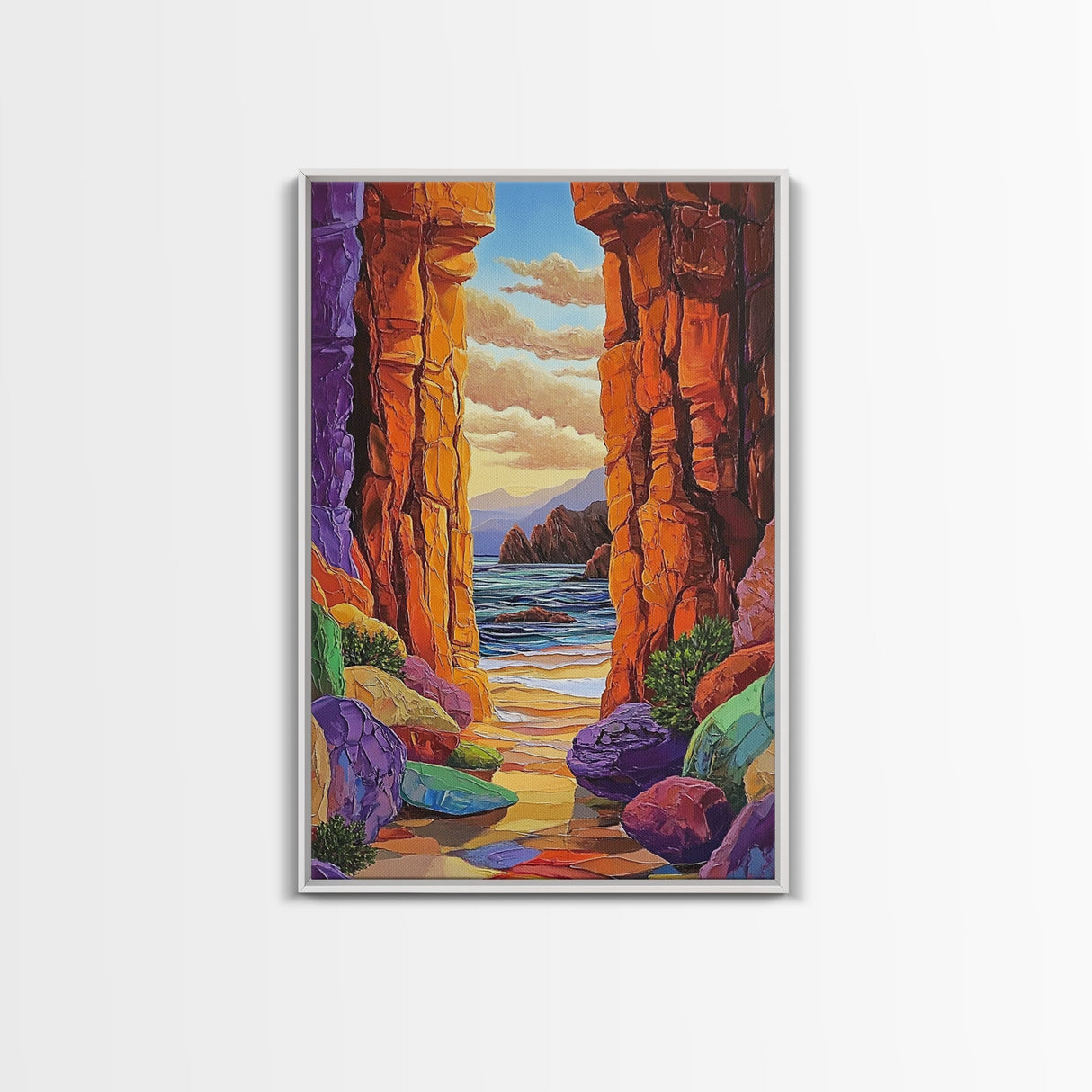Hidden Cove, Rocky Entry, Ocean View, Sunset Moment, Framed Canvas Print, Bedroom Wall Art, Seaside Fantasy, Desert Coastal Decor
