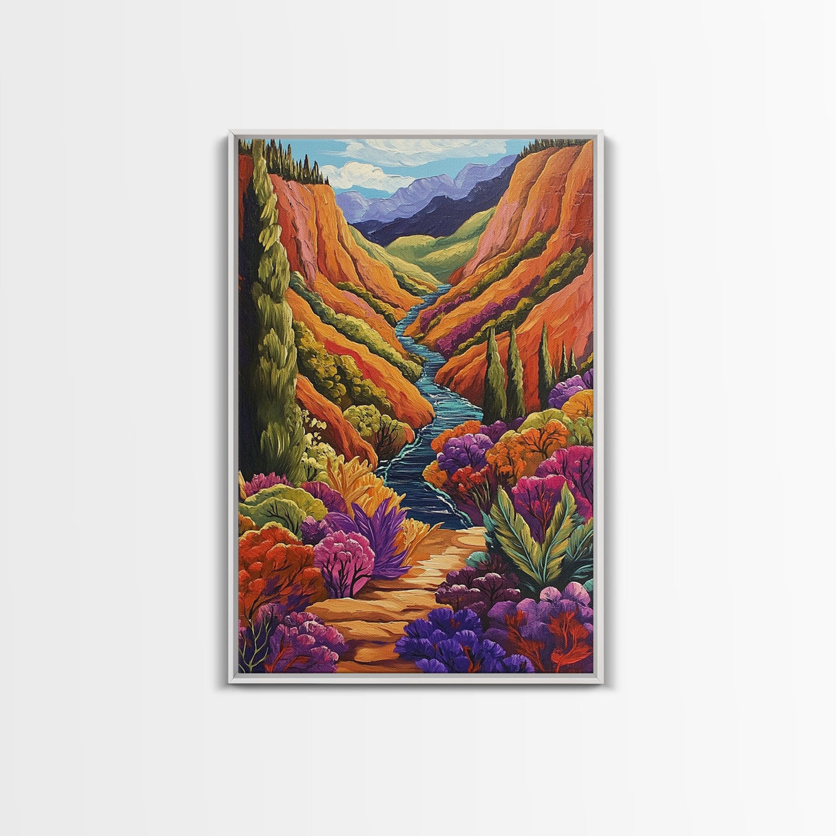 Vibrant Canyon Trail, Fall Mountainscape Art, Colorful Nature Painting, Canvas Print, Autumn Decor, Rustic Cabin Wall Art, Boho Vibe