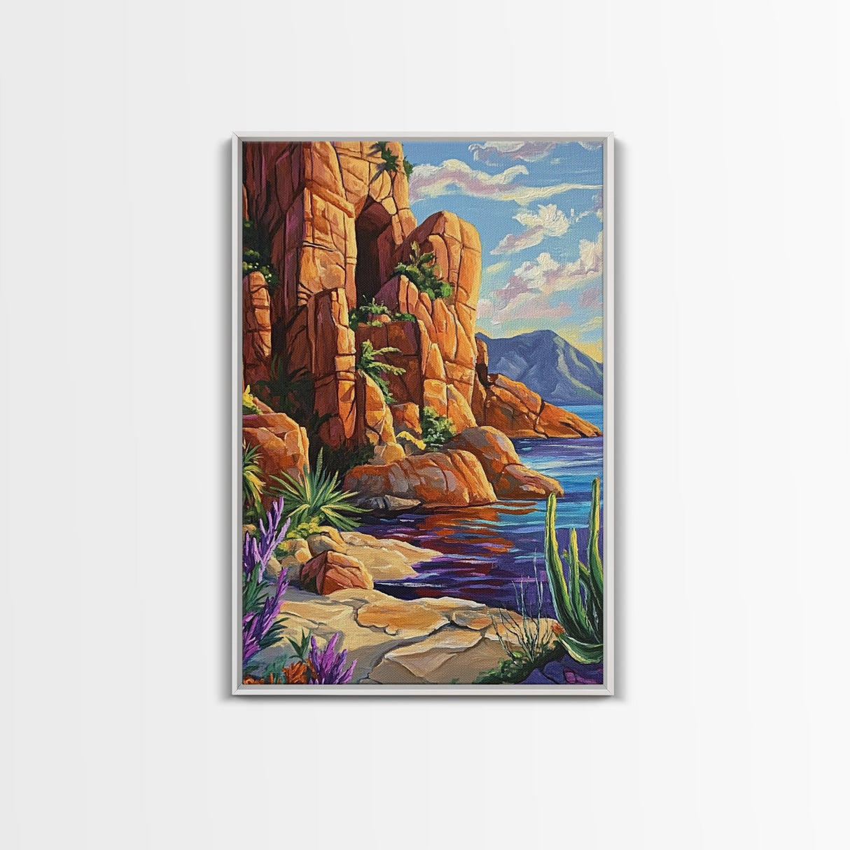 Desert Cliffside, Ocean View, Nature Painting, Colorful Landscape, Living Room Wall Art, Framed Canvas Print, Southwest Home Decor