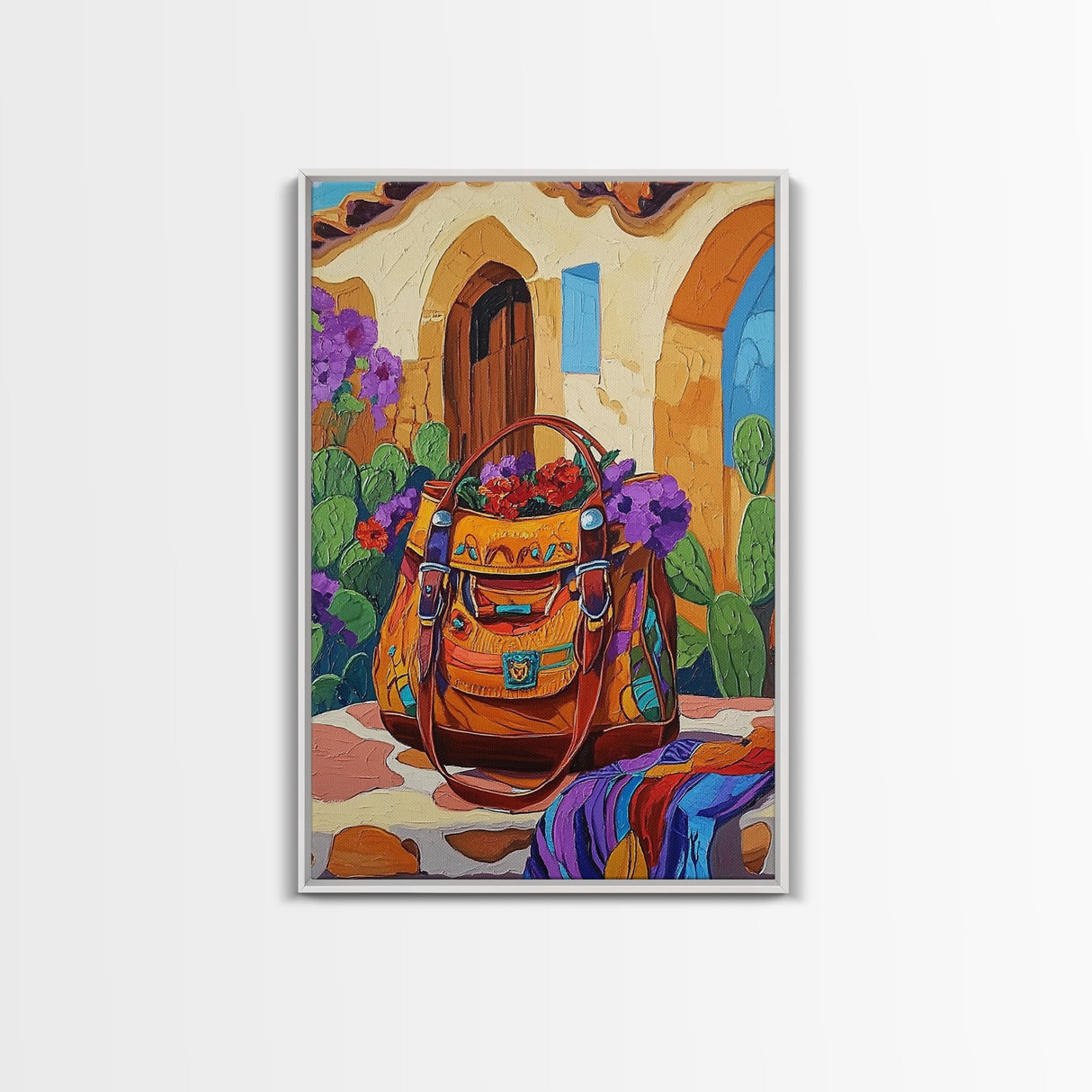 Saddle Bag, Desert Flowers, Southwest Style, Rustic Charm, Mexican Market Vibe, Entryway Wall Art, Framed Canvas Print, Colorful Boho Art