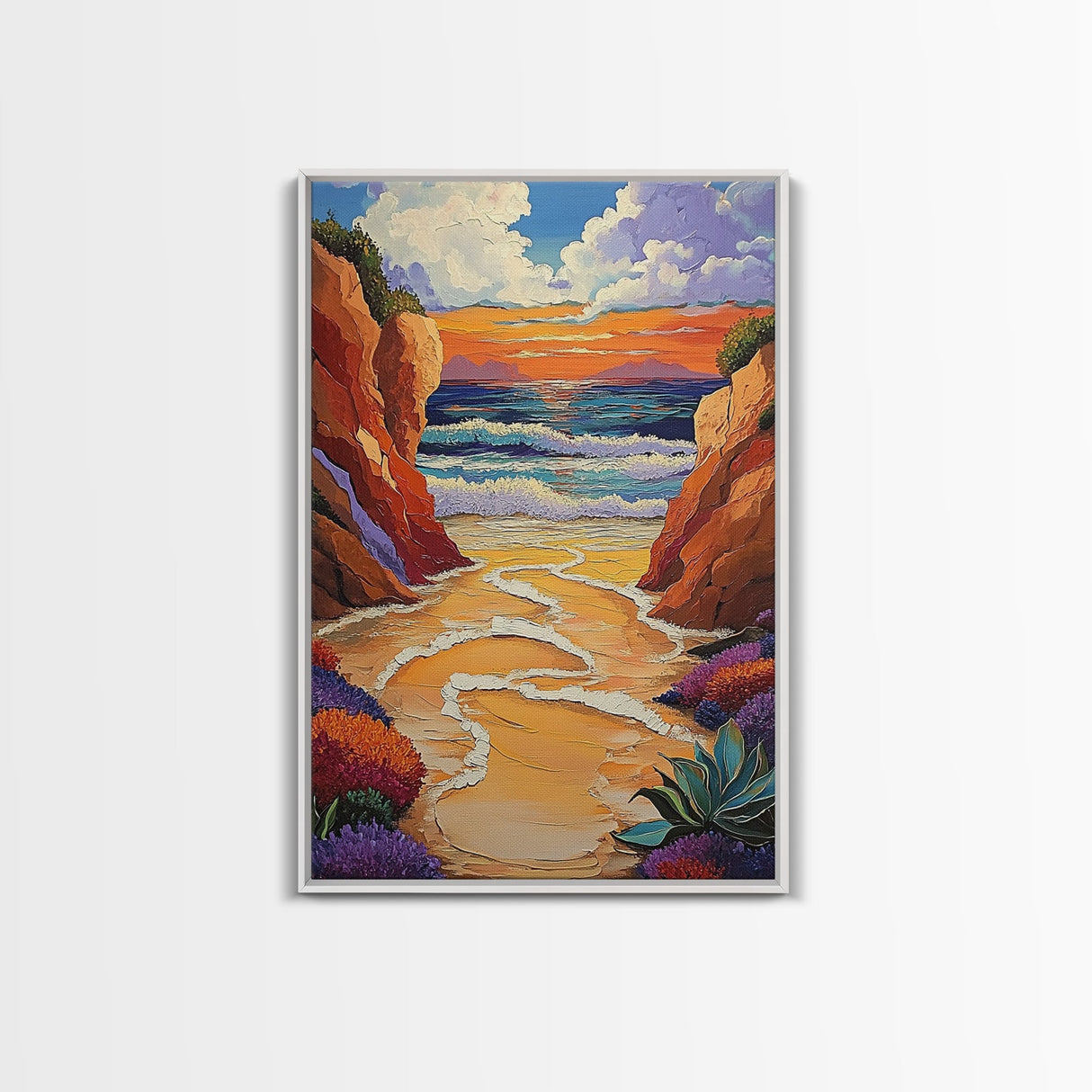 Golden Beach, Sunset Cliffs, Vibrant Ocean Art, Coastal Escape, Fall Color Palette, Canvas Print, Bedroom Wall Art, Tranquil Style