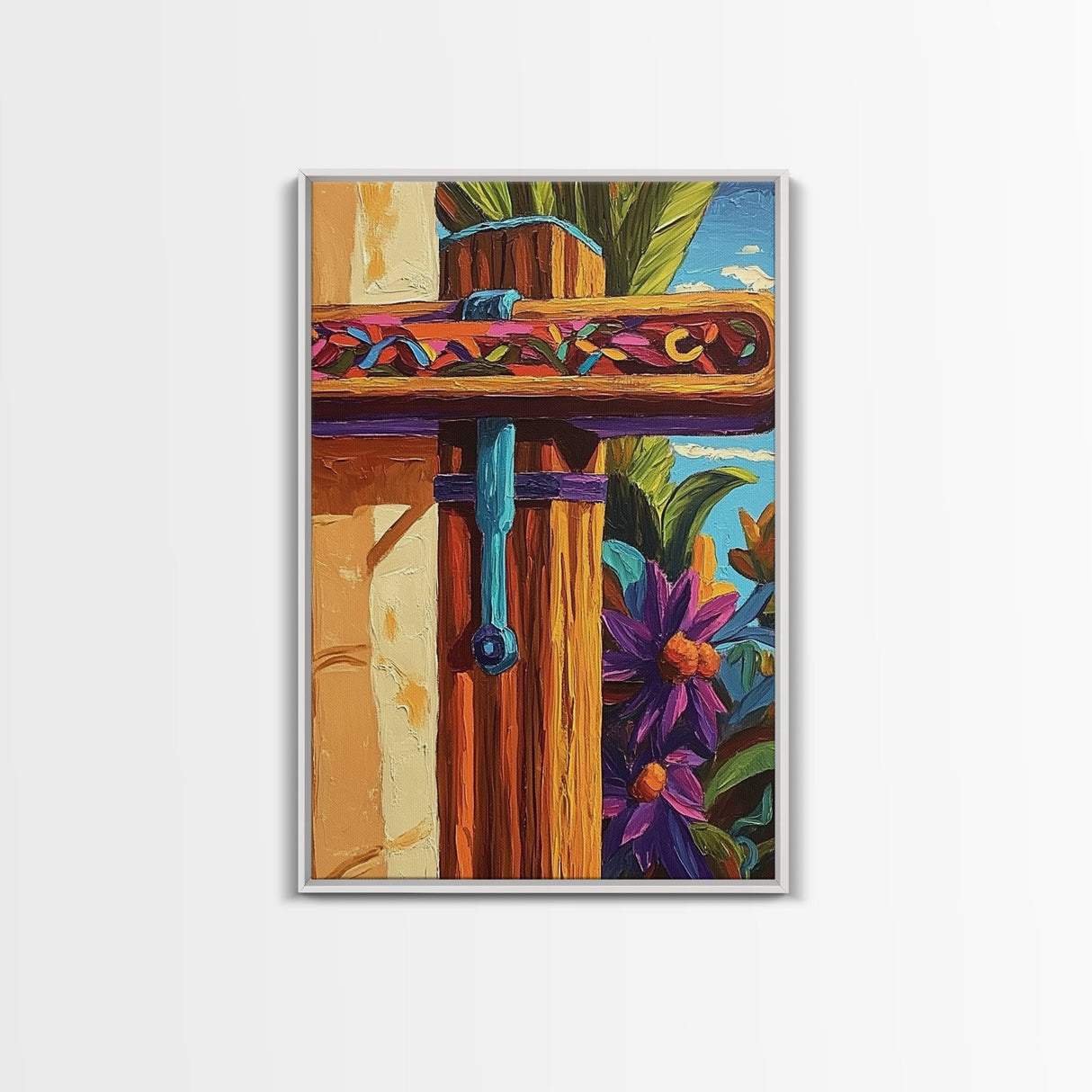 Tropical Rustic Detail Painting, Framed Canvas Print, Coastal patio wall decor, boho island house art, summer wall accent