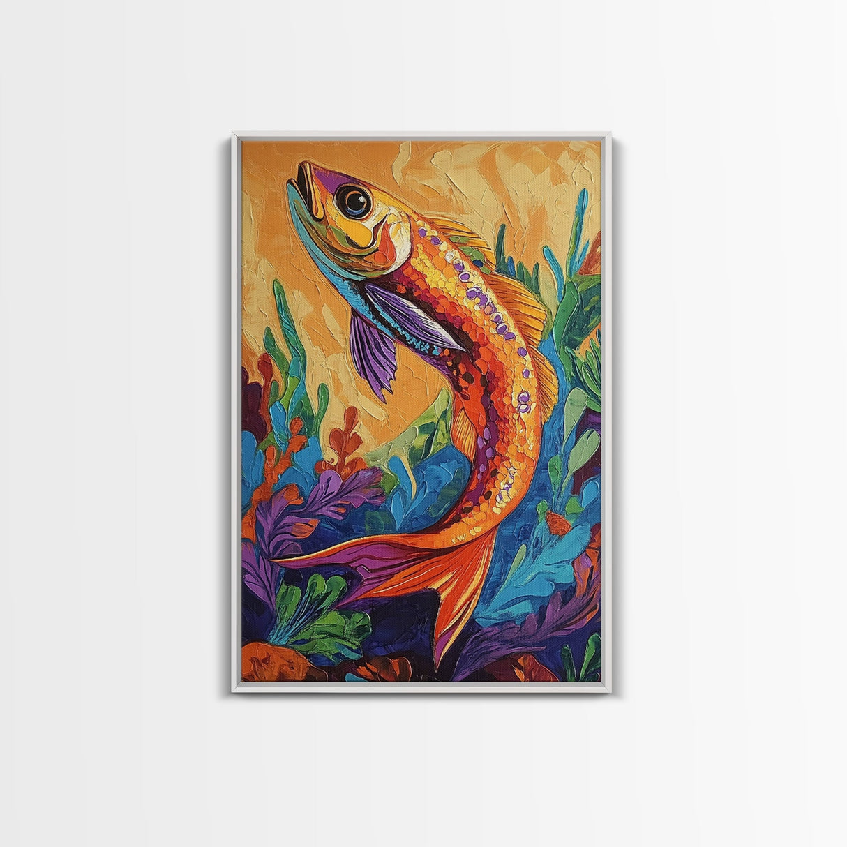 Colorful Tropical Fish, Ocean Wall Art, Coastal Sea Life Painting, Framed Canvas Print, Underwater Theme, Bathroom Decor, Bold Nautical Style