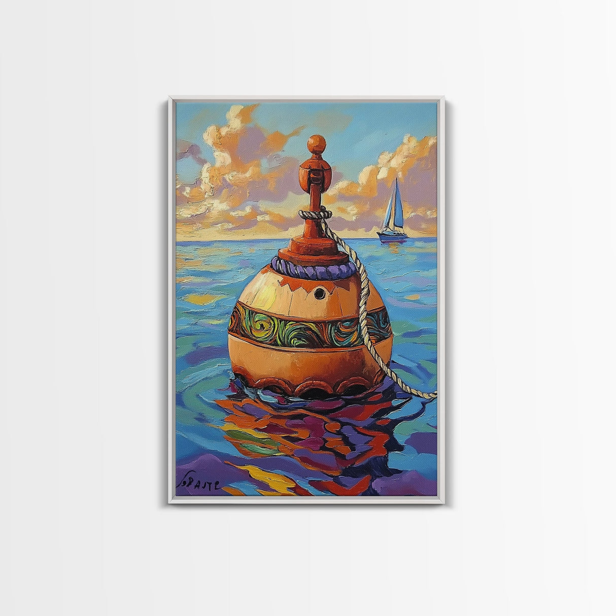 Buoy Ocean Sailboat Painting, Framed Canvas Print, Nautical boho decor, beach home wall art, coastal sunset colors, lakehouse vibe