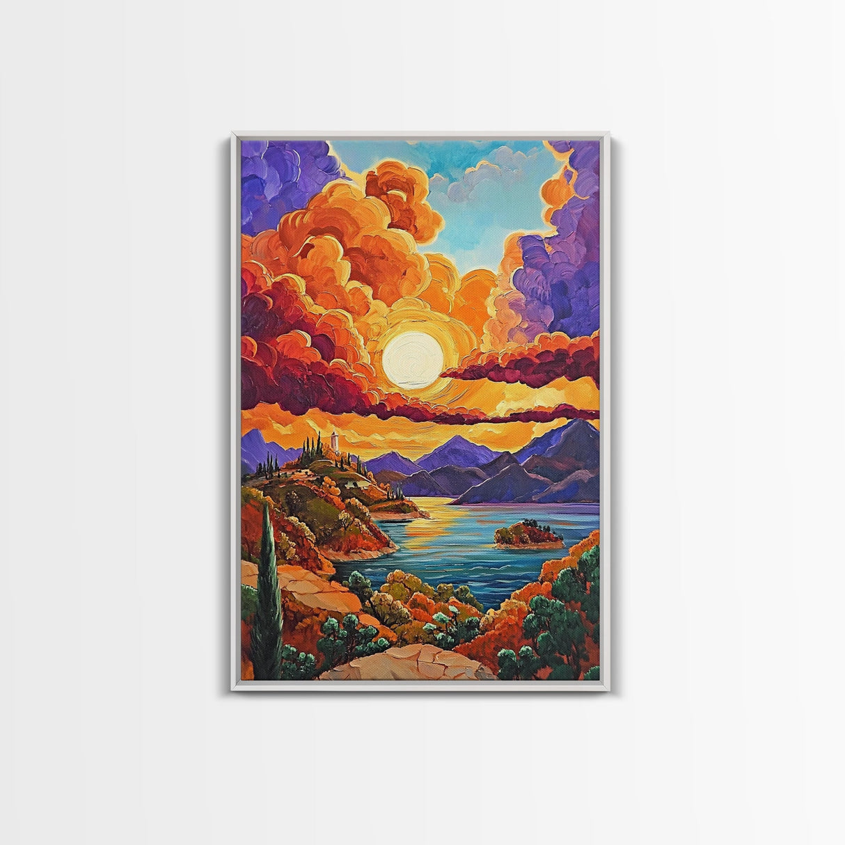 Golden Sky, Mountain Lake, Sunset Clouds, Vibrant Hills — Canvas Print whimsical nature scene, bold landscape wall decor, cozy Autumn vibe
