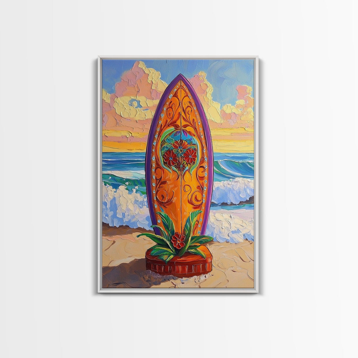 Floral Surfboard Art, Beach Sunset Decor, Tropical Surf Vibe, Canvas Print, Bright Ocean Wall Art, Bathroom Accent, Boho Coastal