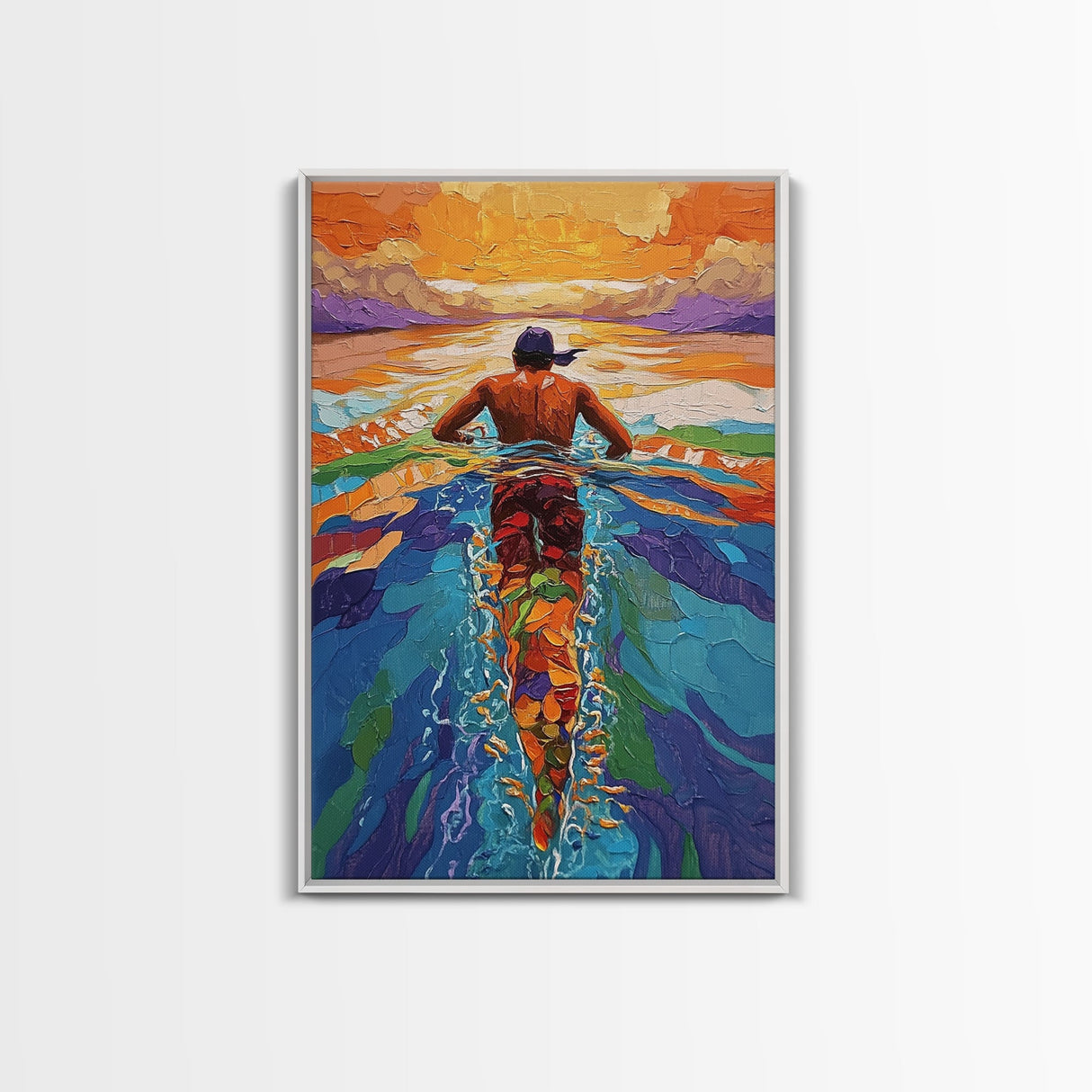 Man Swimming Sunset, Ocean Freedom Art, Tropical Wall Decor, Canvas Print, Bright Water Colors, Bold Bathroom Wall Art