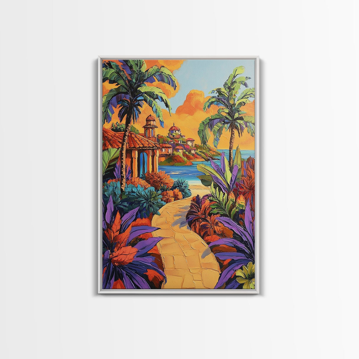 Coastal Village Path, Sunset Vibes, Tropical Getaway, Bright Colors, Framed Canvas Print, Coastal Wall Art, Living Room Decor, Boho Art