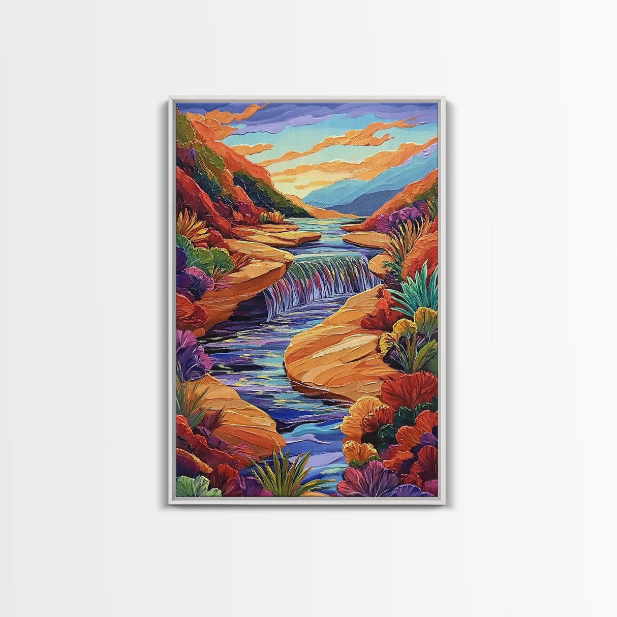 Canyon River Stream, Vibrant Landscape, Sunset Colors, Nature Scene, Framed Canvas Print, Bedroom Wall Art, Fall Home Decor, Boho Art