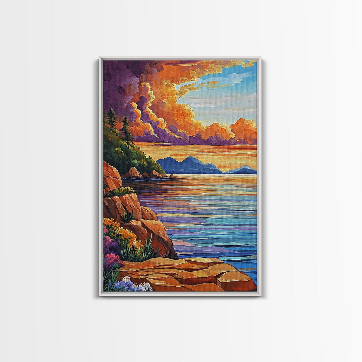 Sunset Shore, Tranquil, Mountains, Framed Canvas Print scenic mountain coast, sunset wall art, calming nature art, bohemian living room decor