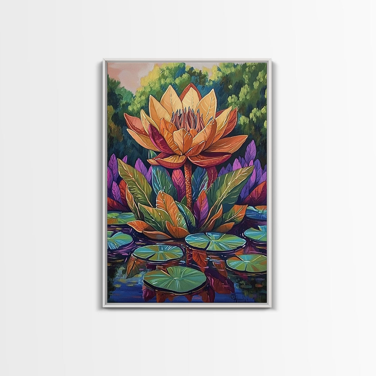 Large Lotus Flower, Tranquil Nature Art, Peaceful Botanical Scene, Framed Canvas Print, Boho Bathroom Wall Art, Zen Decor