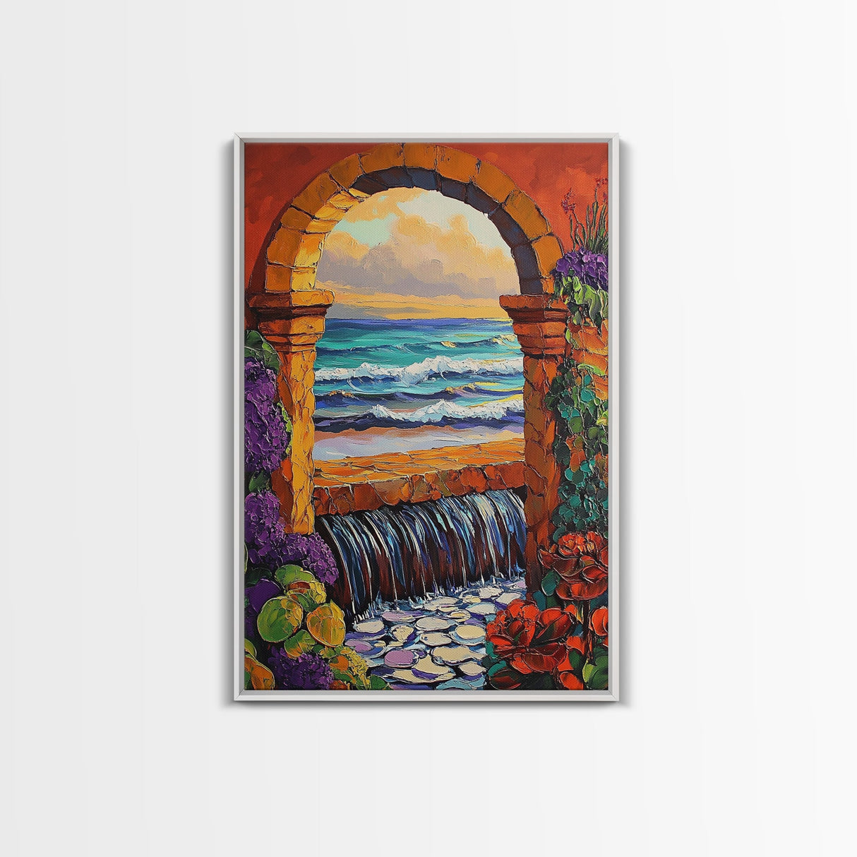 Stone Archway Ocean, Dreamy Seaside Scene, Romantic Sunset Art, Framed Canvas Print, Coastal Entryway Wall Art, Vacation Vibes