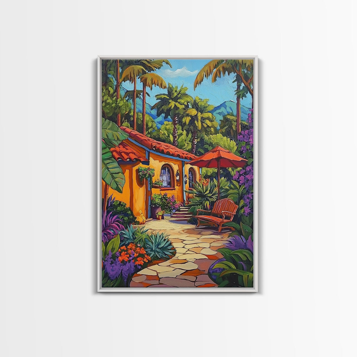 Tropical Courtyard, Retreat, Pathway, Framed Canvas Print, vibrant tropical patio scene, colorful garden art, Spanish boho home decor