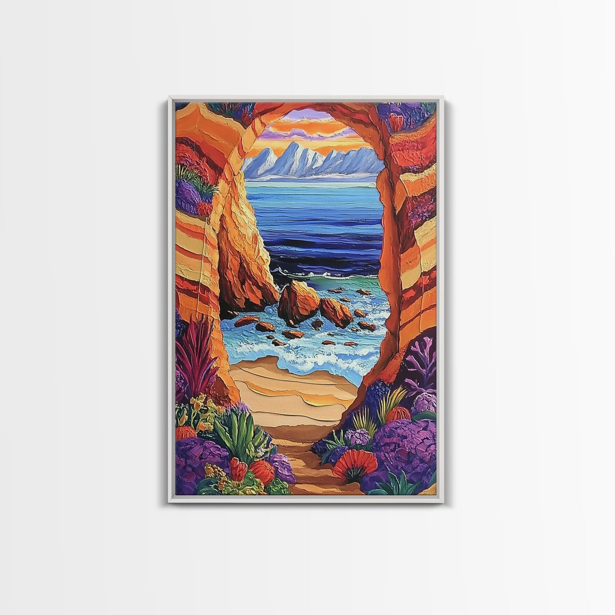 Coastal Archway, Ocean, Escape, Framed Canvas Print bold beach cave painting vivid seascape arch view boho tropical living room wall decor