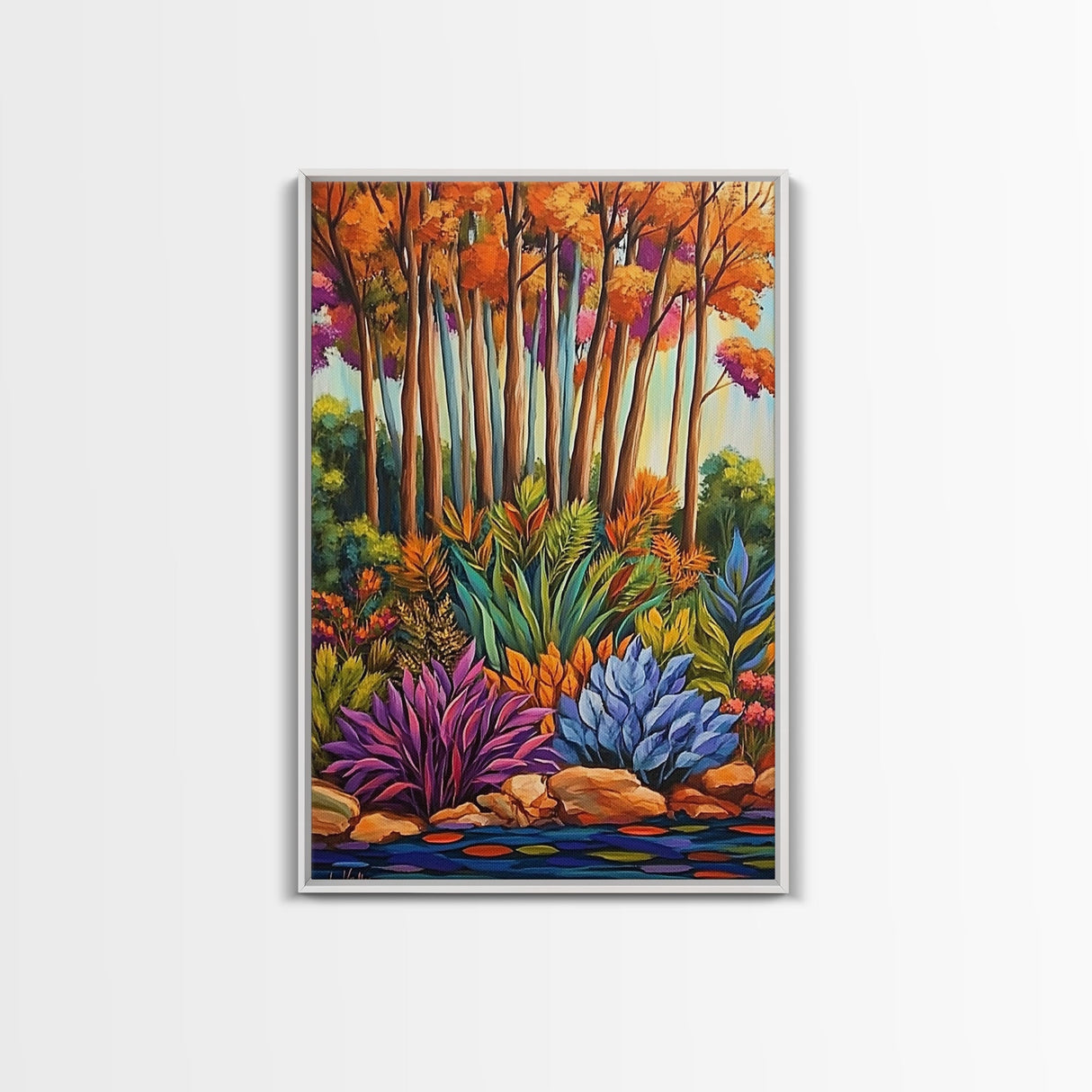 Autumn Forest, Leaves Colorful, Framed Canvas Print bright fall foliage nature painting, botanical boho forest scene, Kitchen Wall Art
