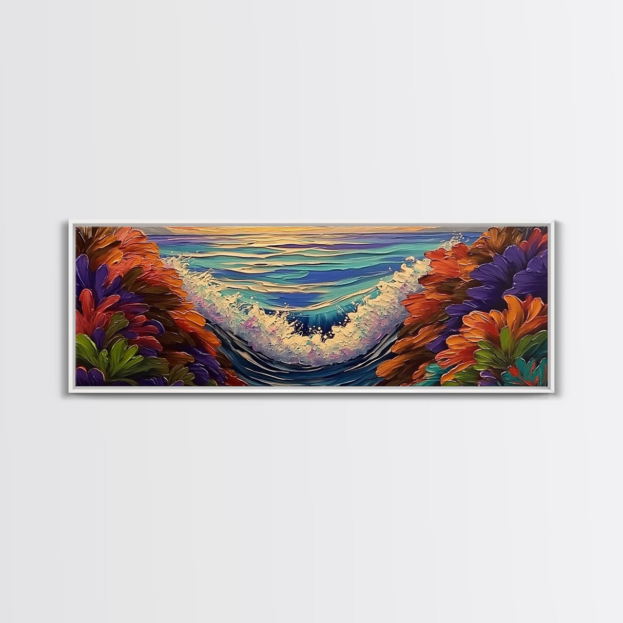 Sunset Waves, Floral Reef, Coastal Water, Colorful Nature, Framed Canvas Print, Bathroom Wall Art, Beach Vibes, Bright Seascape Art