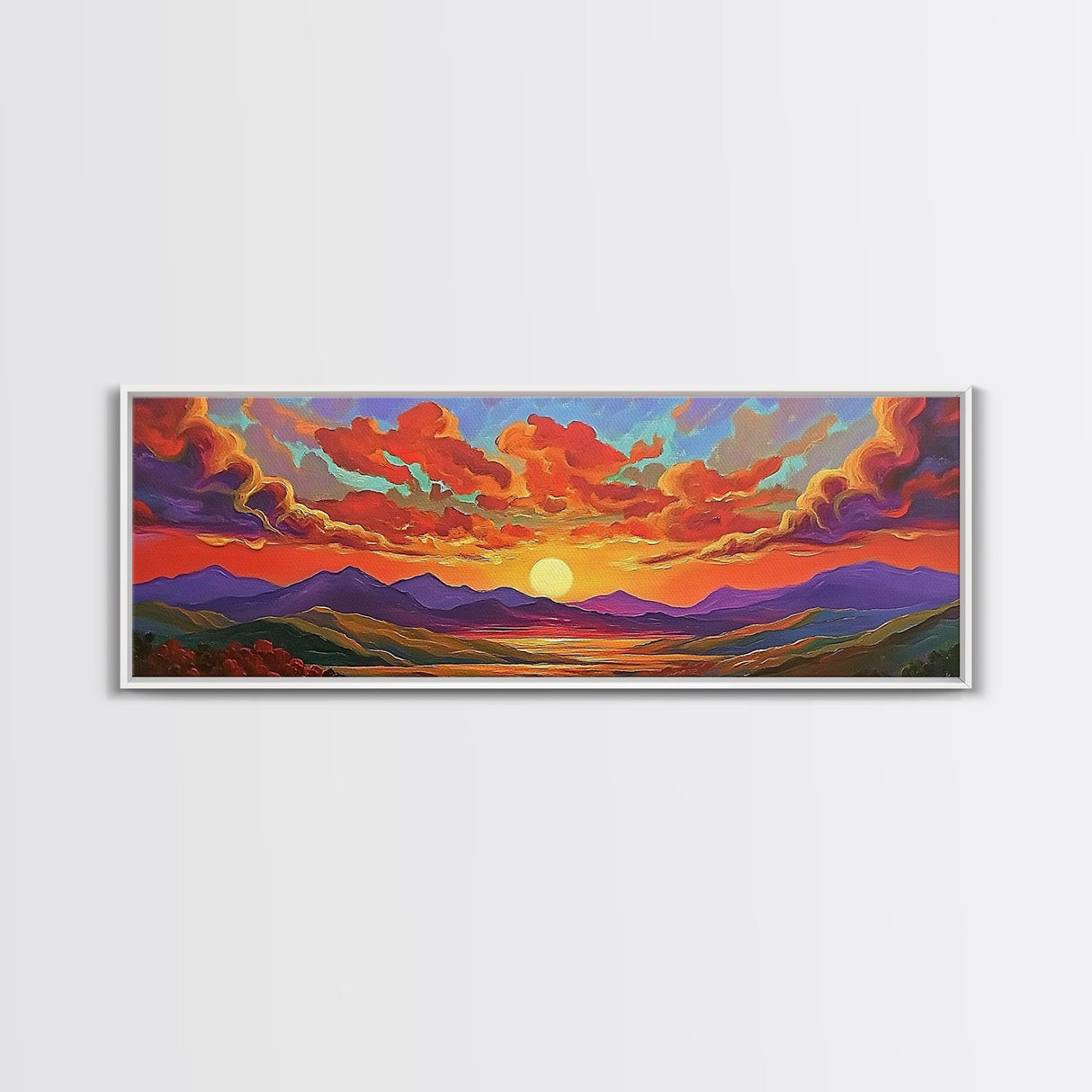 Sunset Cloudscape, Vibrant Sky Painting, Colorful Wall Decor, Nature Scene, Autumn Palette Living Room Framed Canvas Print, Office Art