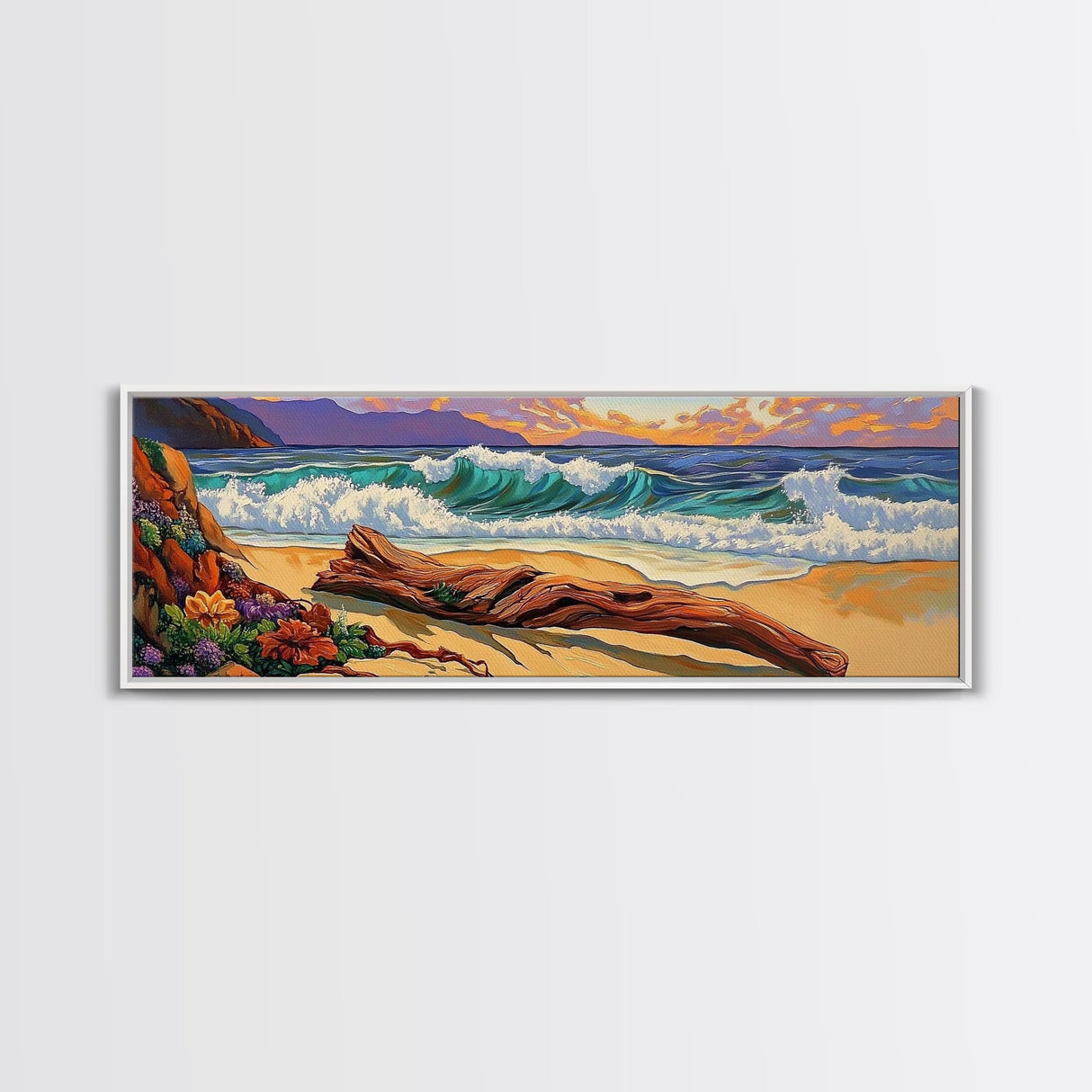 Ocean Shore Driftwood, Seaside Flower Art, Nature Landscape, Framed Canvas Print, Coastal Living Room or Beach House Wall Art