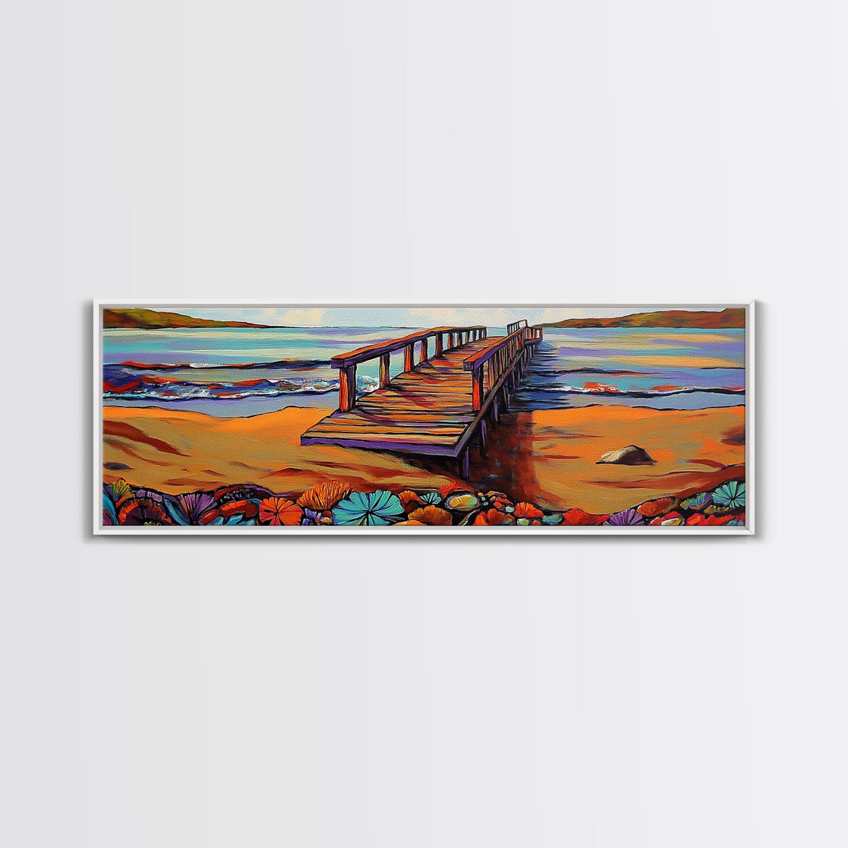 Seaside Pier, Vibrant Coast, Beach View, Framed Canvas Print, coastal artwork, beach house decor, summer vibes, living room art