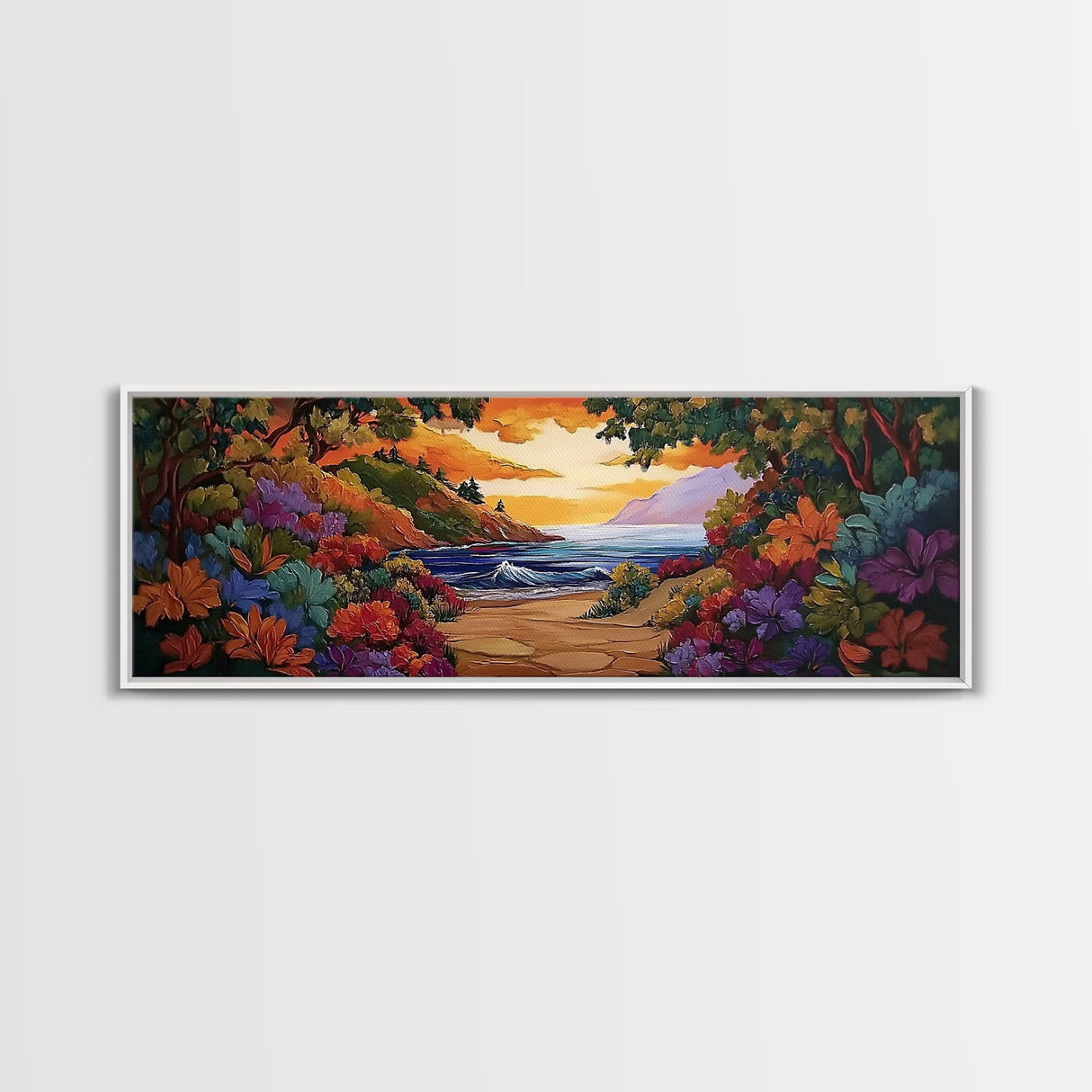 Beach View, Sunset Flowers, Coastal Path, Summer Decor, Framed Canvas Print, Bedroom Wall Art, Bright Floral Landscape Art