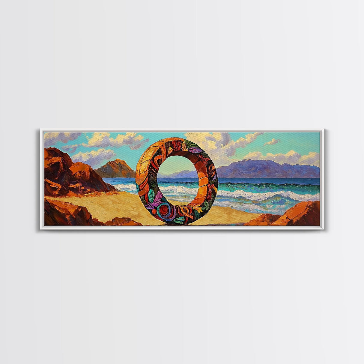 Vibrant Ocean Ring, Bold Coastal Art, Fantasy Beach Scene, Canvas Print, Modern Living Room Wall Art, Surreal Landscape Art