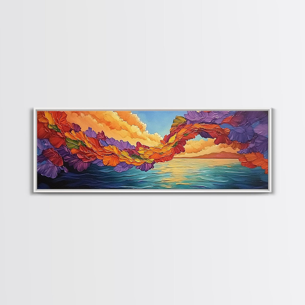 Flower Archway, Colorful Sky, Seaside Sunset, Whimsical Decor, Framed Canvas Print, Romantic Living Room Wall Art