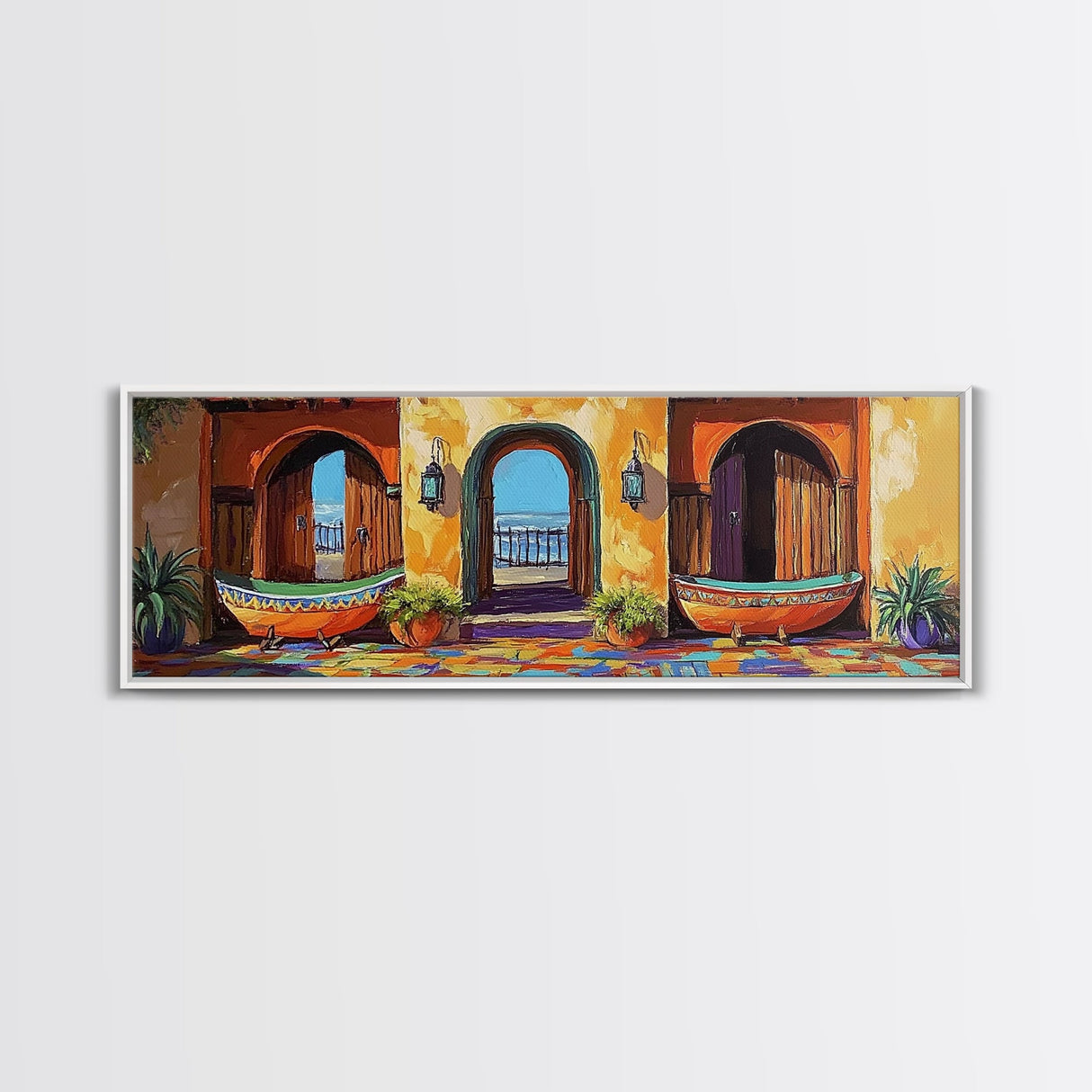 Spanish Courtyard, Bright Doorway, Coastal Decor, Southwest Art, Canvas Print, kitchen wall art, rustic boho art, vibrant home design