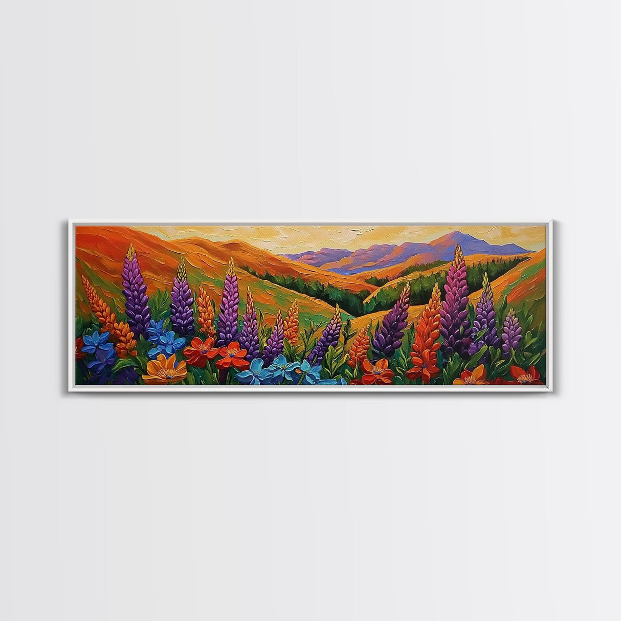 Wildflower Valley View, Bright Floral Mountain Art, Nature Inspired Painting, Framed Canvas Print, Kitchen or Bedroom Wall Decor