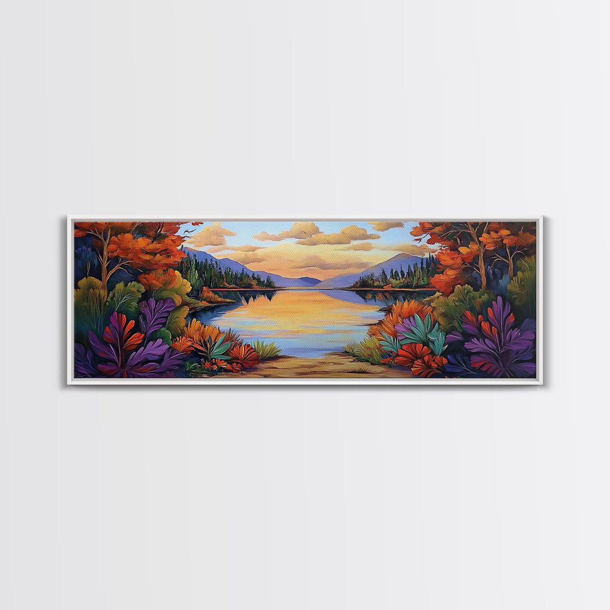 Autumn Lake Reflection, Tranquil Nature Painting, Fall Forest Sunset, Framed Canvas Print, Cozy Living Room or Cabin Wall Decor