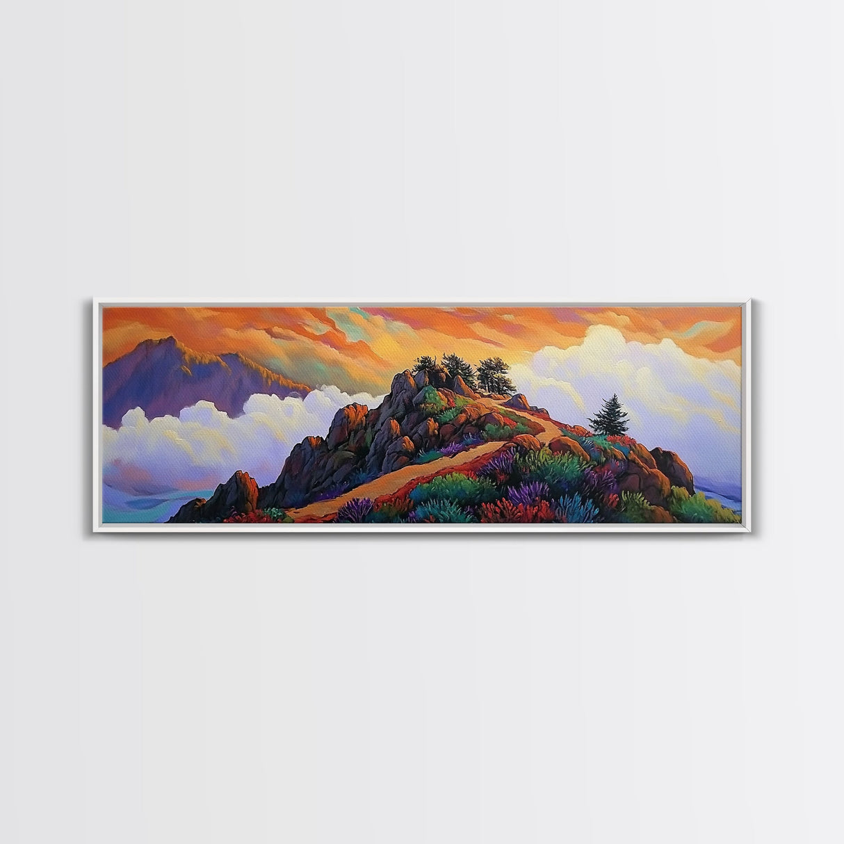 Mountain Peak Trail, Vibrant Sunset Hike Scene, Nature Adventure Wall Art, Framed Canvas Print, Boho Office or Den Decoration