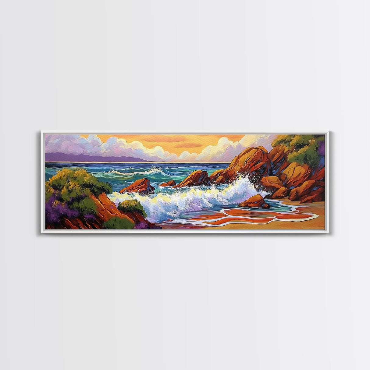 Ocean Wave Crash, Coastal Rock Shore, Vibrant Seascape Painting, Framed Canvas Print, Beach Bathroom or Nautical Living Room Art