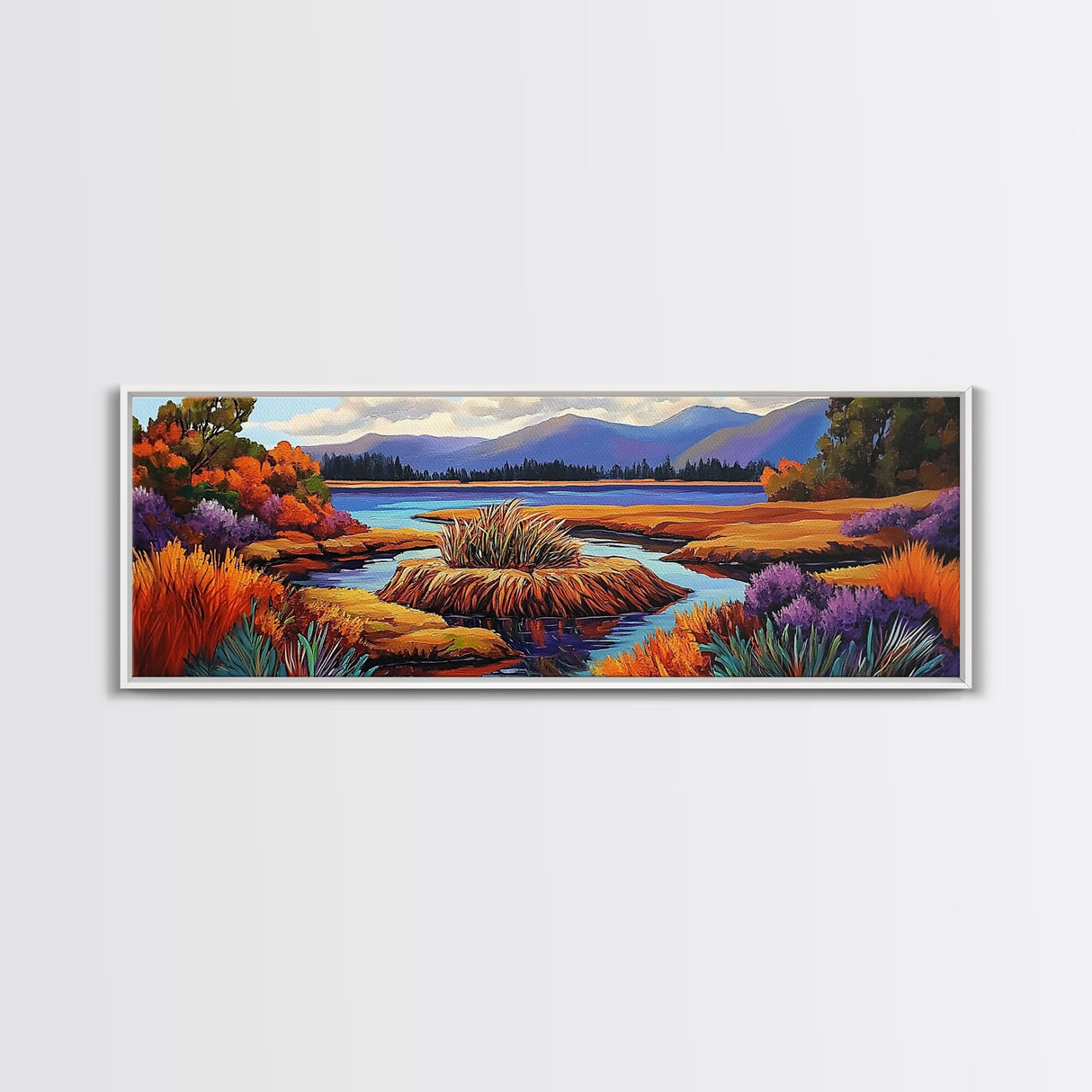 Autumn Lake, Purple Trees, Fall Landscape, Colorful Reflections, Framed Canvas Print, Cabin Wall Art, Cozy Fall Decor, Nature Inspired