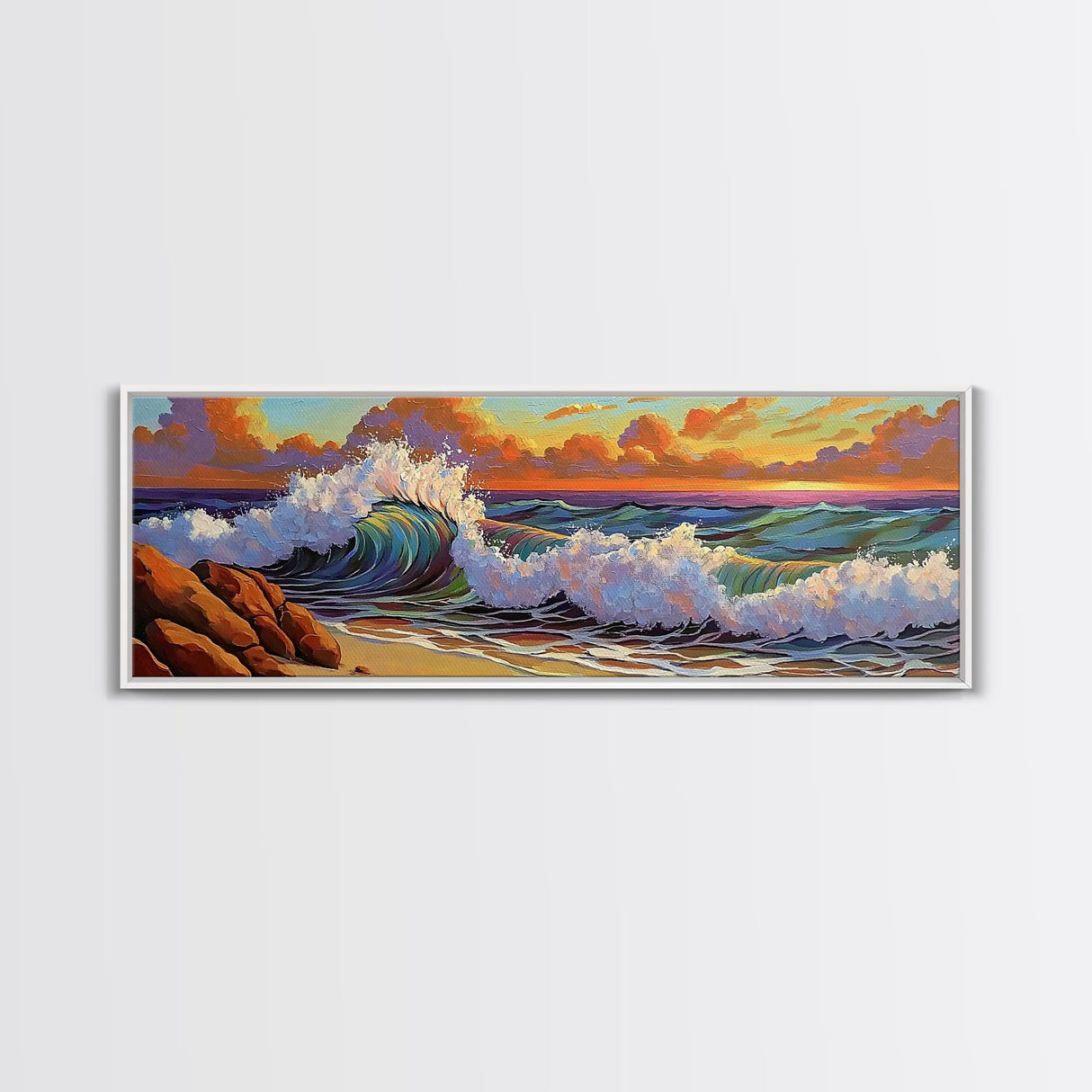 Vibrant Wave Break, Sunset Beach Art, Ocean Surf Decor, Modern Seascape Accent, Living Room Wall, Framed Canvas Print