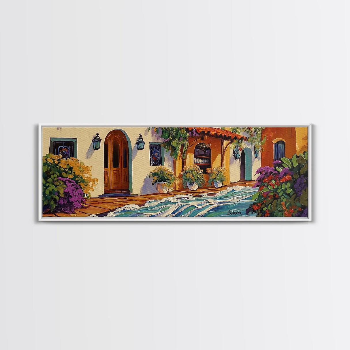 Hacienda Courtyard, Rustic Charm Art, Southwest Home Decor, Floral Garden Wall Accent, Framed Canvas Print, Dining Room Style