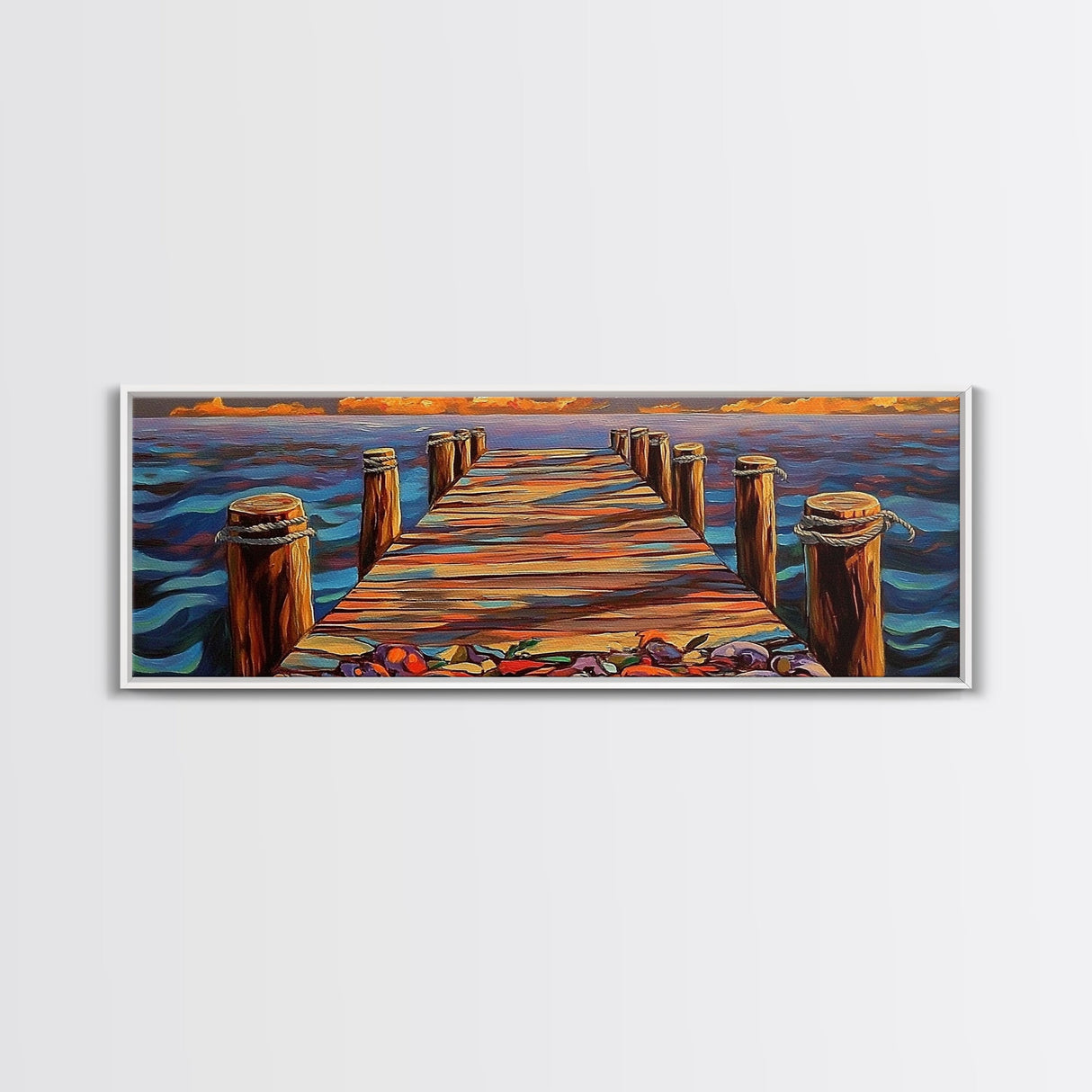 Wooden Dock Sunset, Ocean Pier Painting, Tranquil Seascape Decor, Nautical Beach House Style, Framed Canvas Print