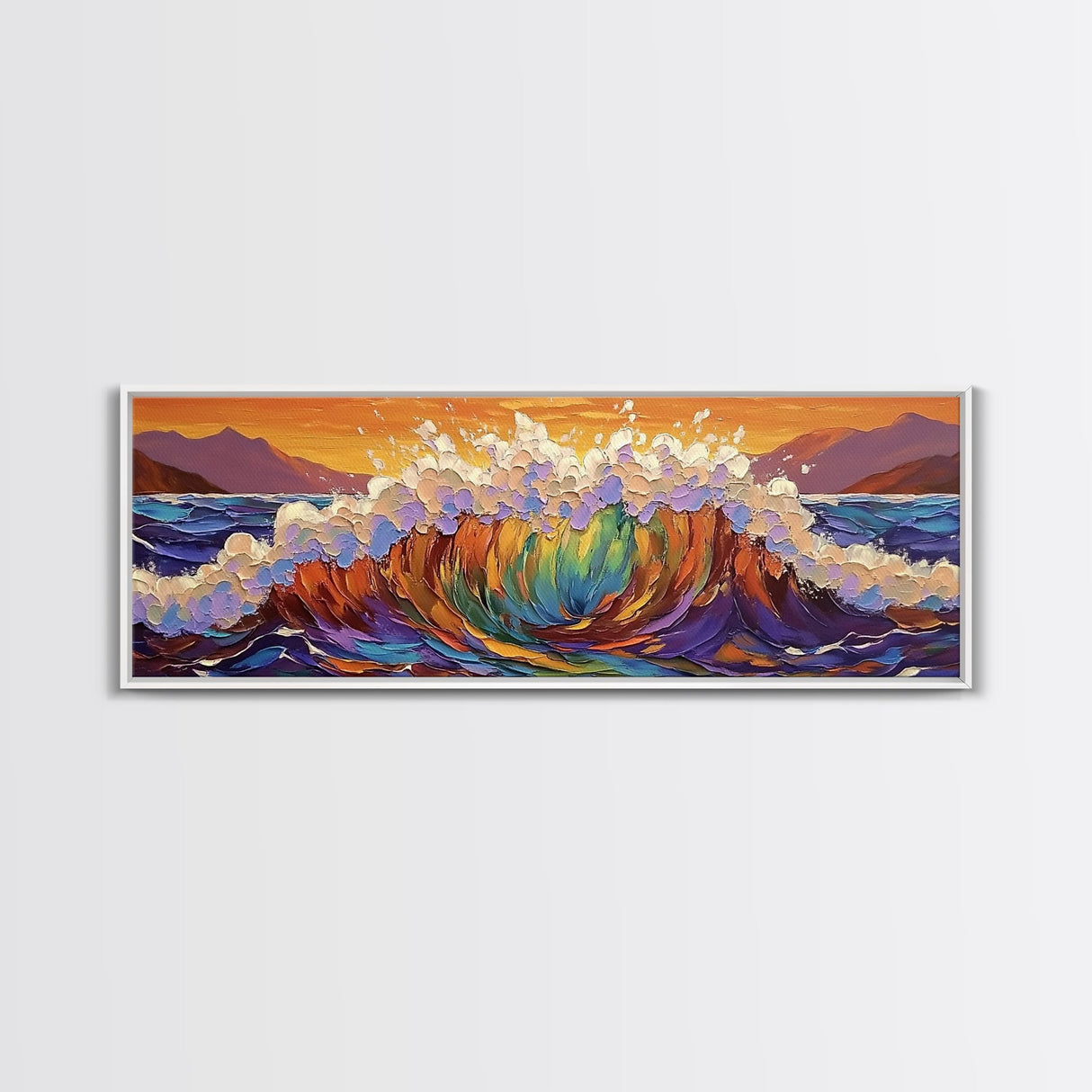 Rainbow Wave Splash, Ocean Energy Art, Vibrant Seascape, Framed Canvas Print, Coastal Living Room Decor, Surf Beach Wall Art, Boho Style