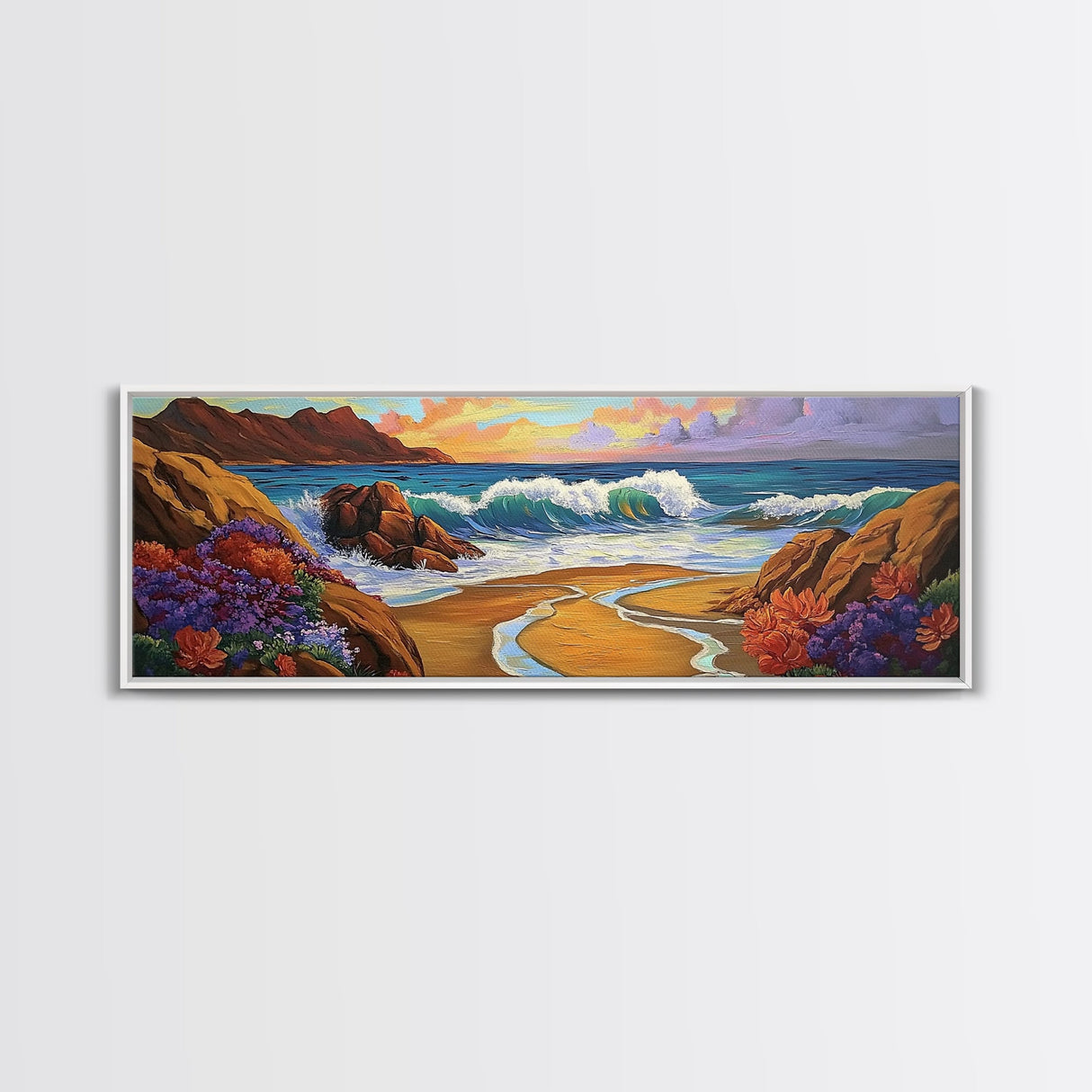 Coastal Wave, Bold Surf, Rocky Sunset, Flower Shoreline, Framed Canvas Print, Nautical Art, Bathroom Beach Landscape Decor