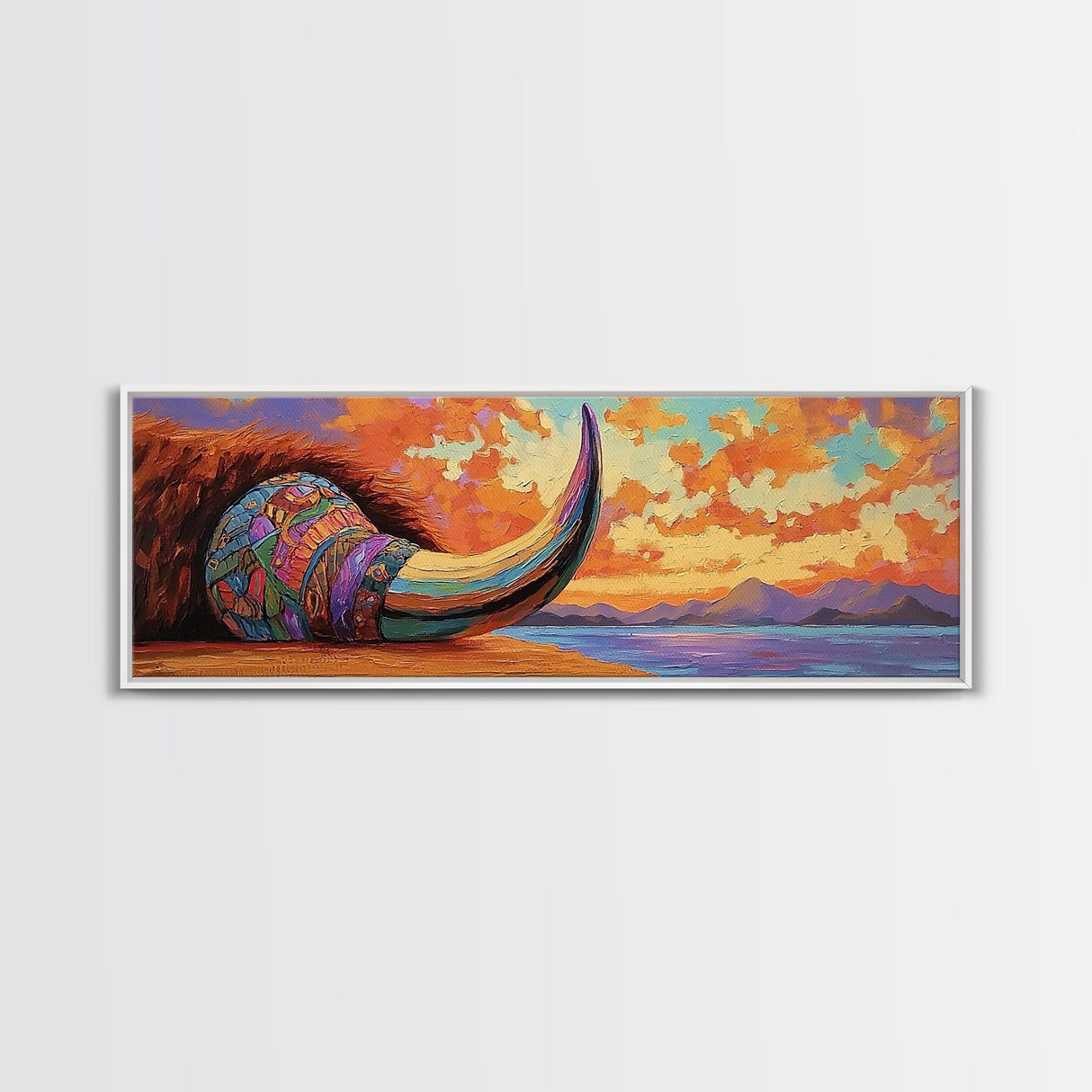 Longhorn Skull, Sunset Sky, Boho Western, Tribal Texture, Framed Canvas Print, Desert Wall Art, Living Room Decor, Southwestern Vibe