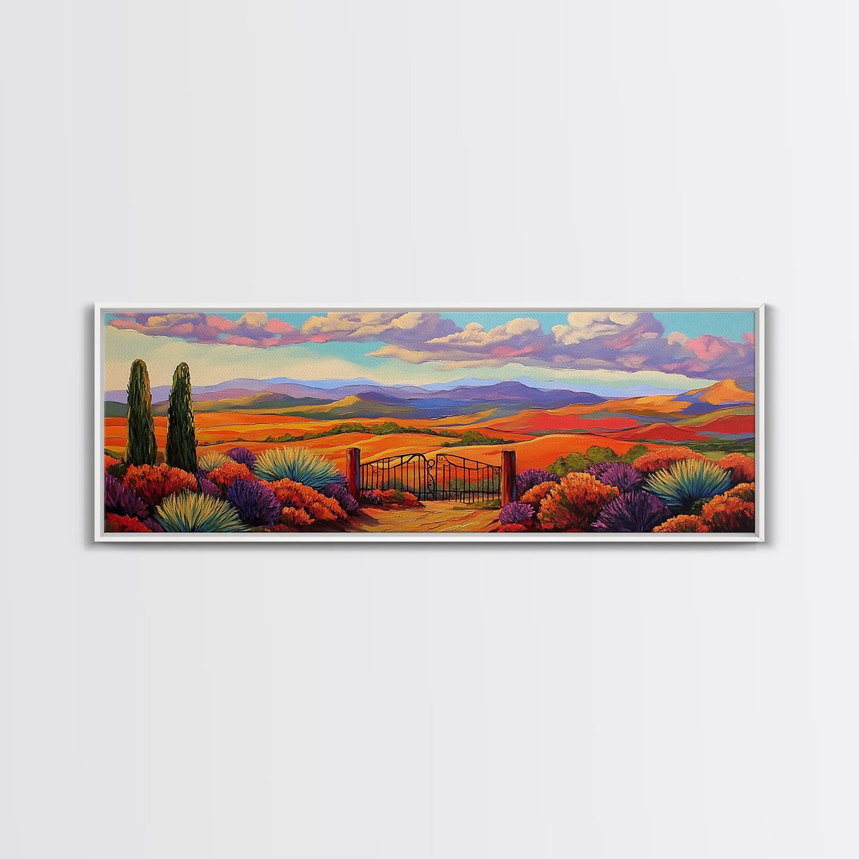Mountain Sunset View, Western Hillside, Country Valley Gate, Framed Canvas Print, Fall Landscape Art, Rustic Farmhouse Decor
